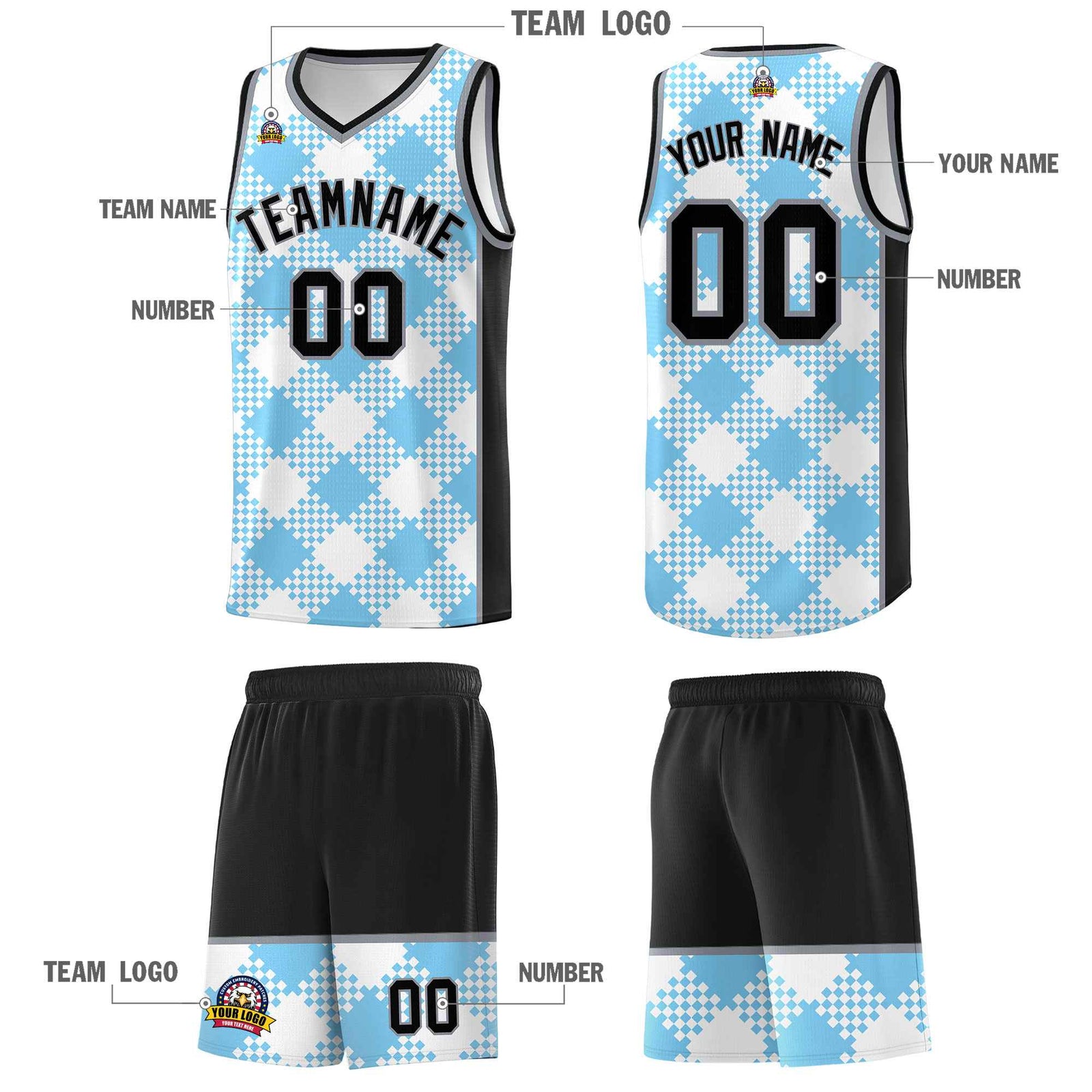 Personalized Light Blue White-Black Grid Basketball Kits