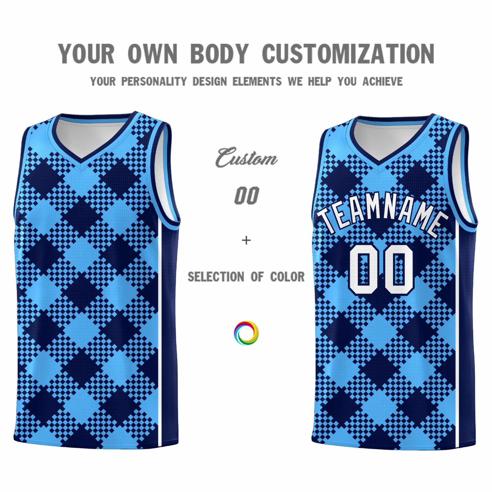 Personalized Powder Blue Navy-White Grid Basketball Kits