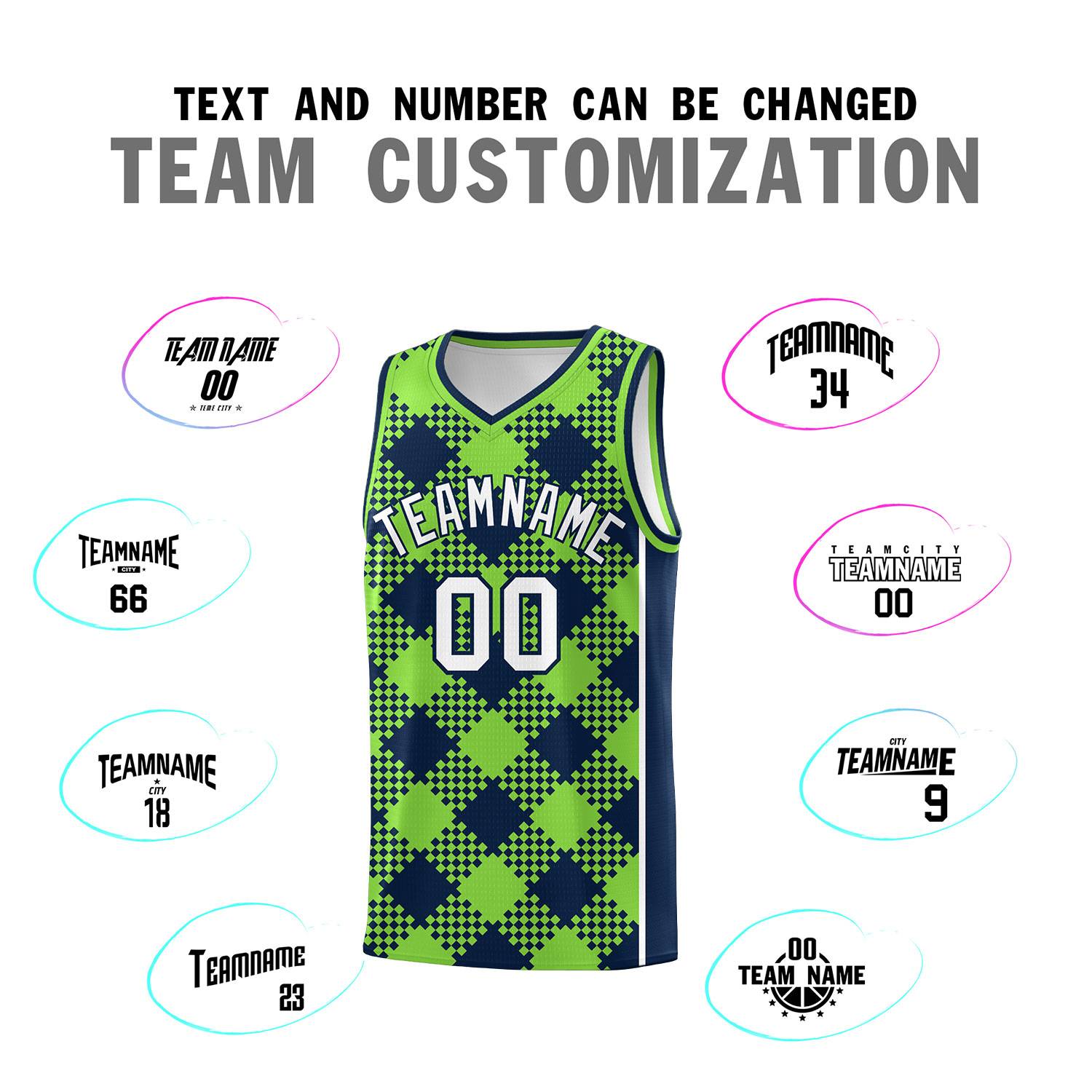 Personalized Fluorescent Green Navy-White Grid Basketball Kits