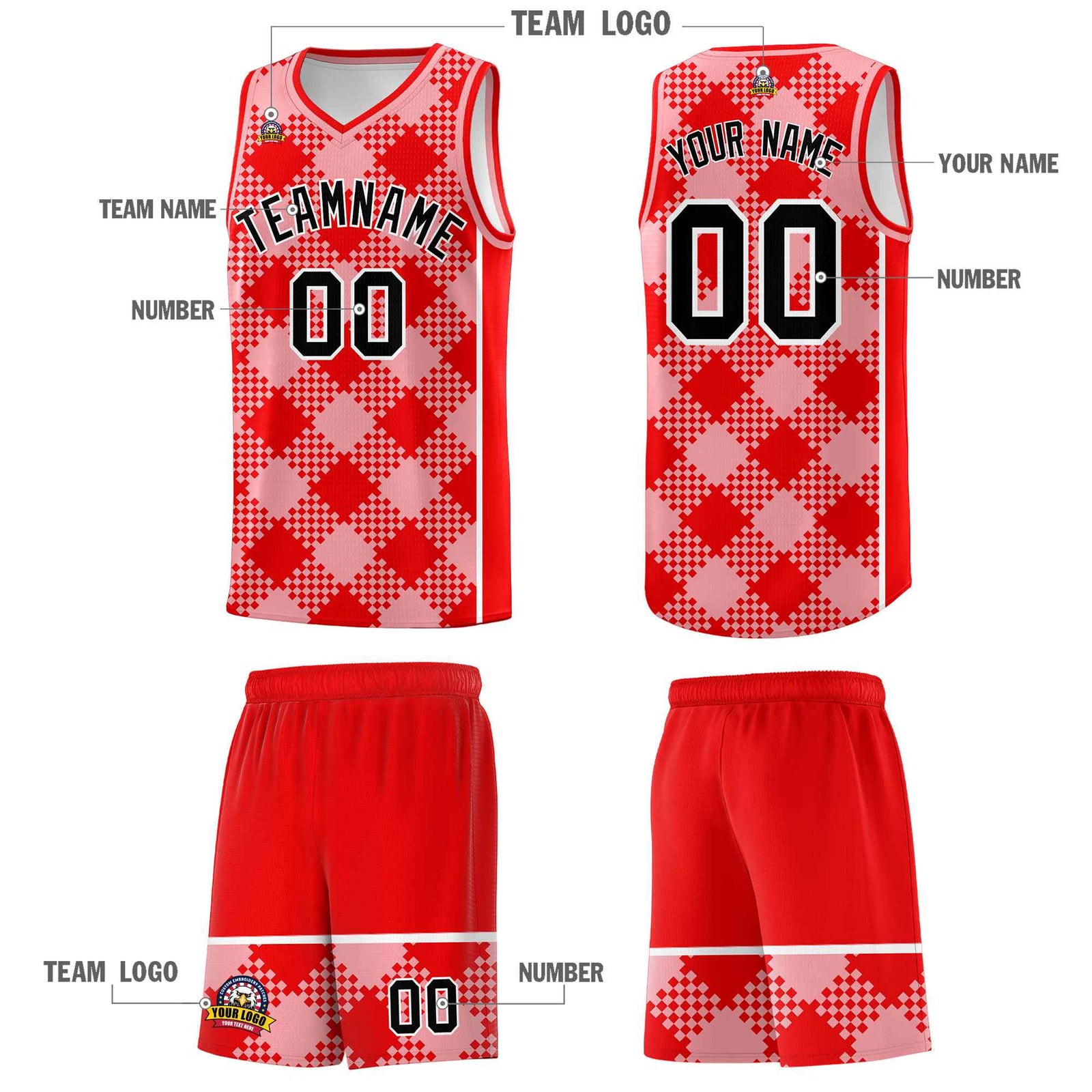 Personalized Light Pink Light Red-White Grid Basketball Kits