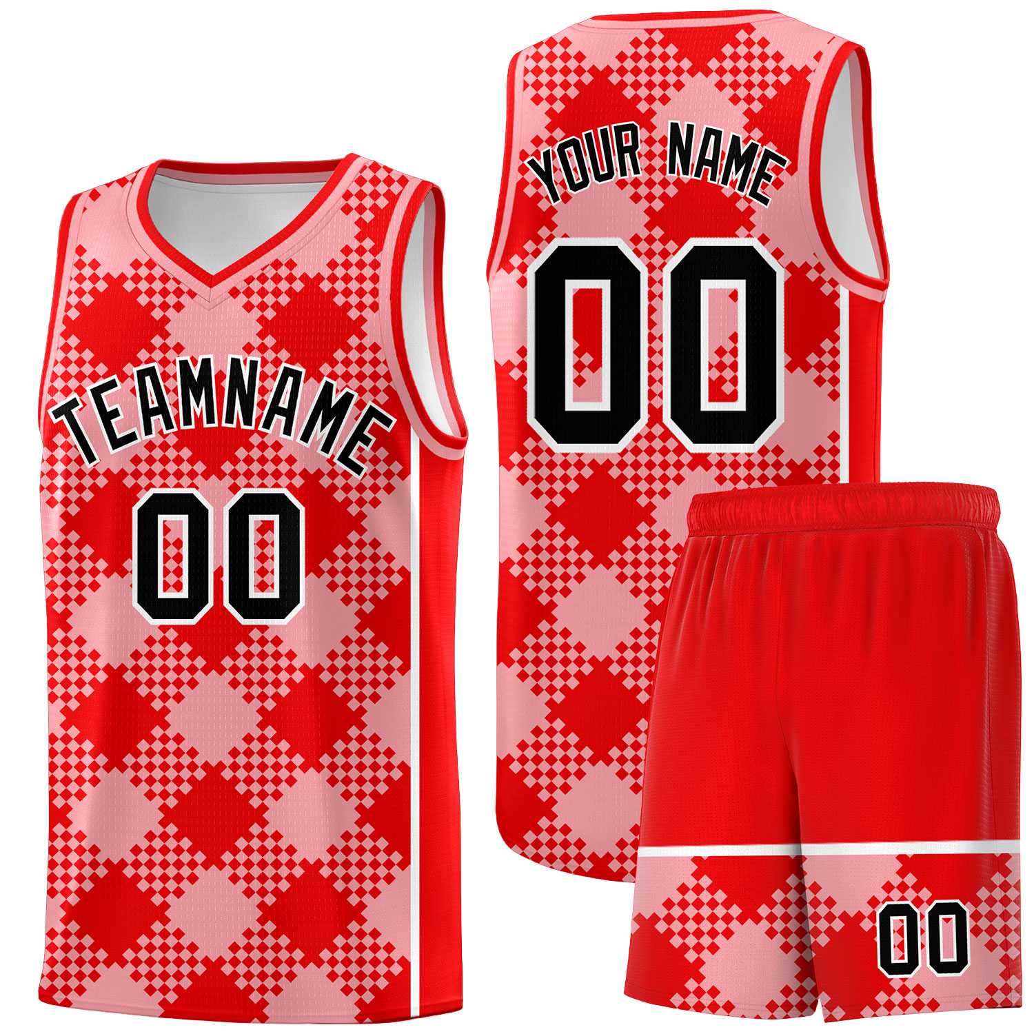 Personalized Light Pink Light Red-White Grid Basketball Kits