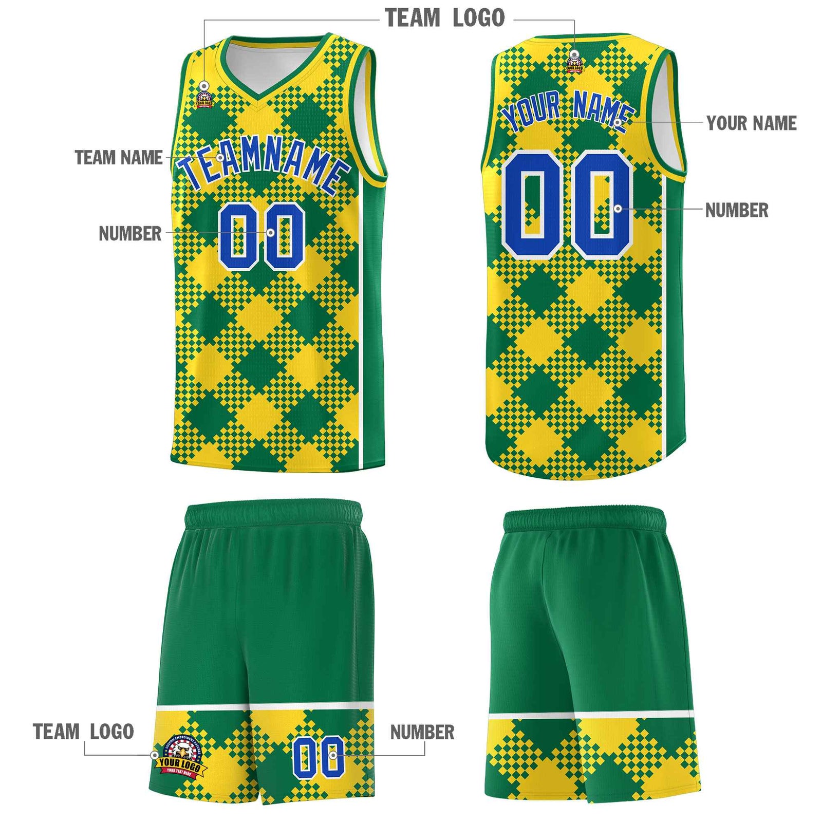 Personalized Gold Kelly Green-White Grid Basketball Kits