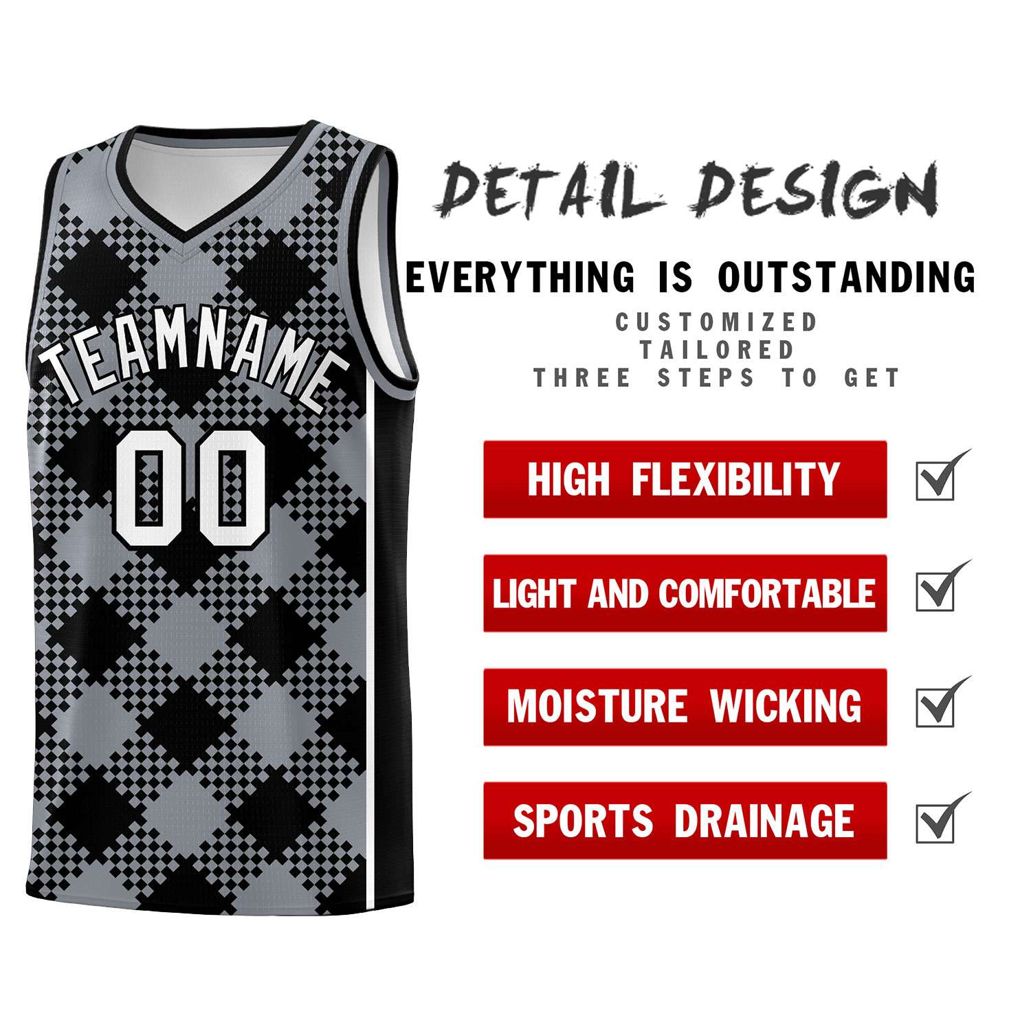 Personalized Gray Black-White Grid Basketball Kits