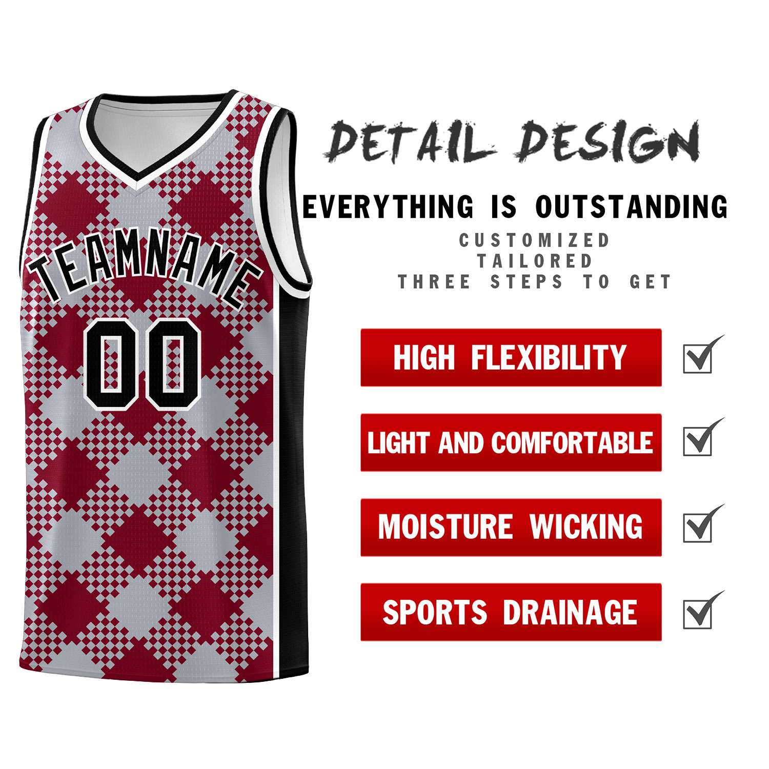 Personalized Gray Crimson-White Grid Basketball Kits