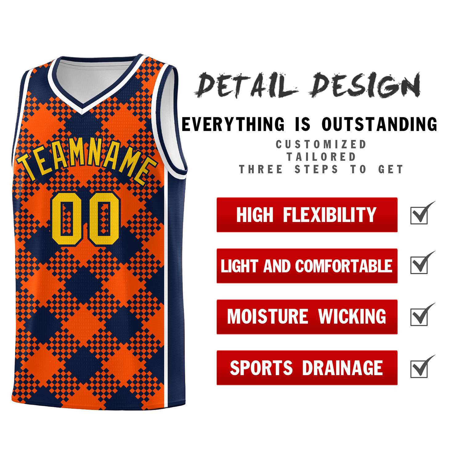 Personalized Orange Navy-White Grid Basketball Kits
