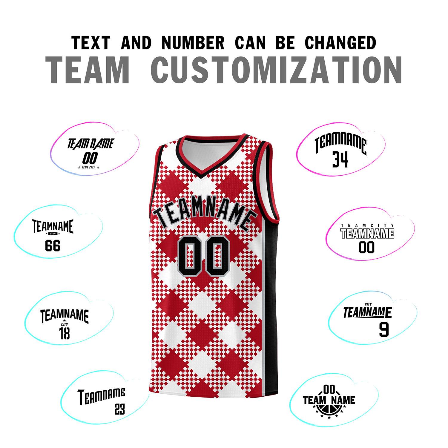 Personalized White Red-Gray Grid Basketball Kits