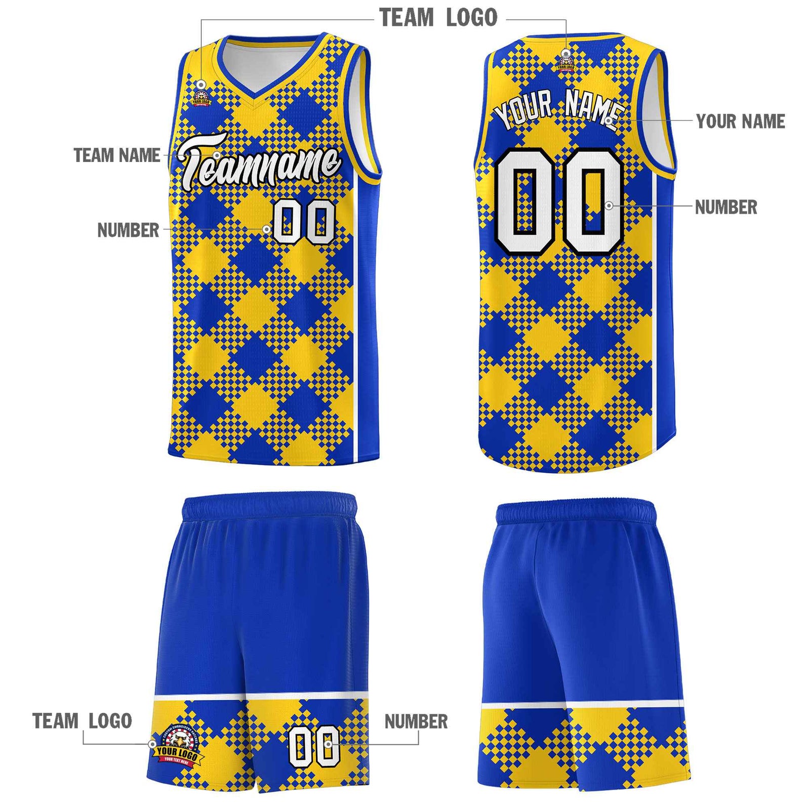 Personalized Royal Gold-White Grid Basketball Kits