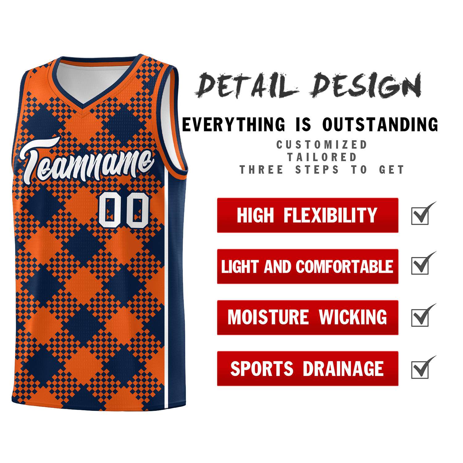Personalized Navy Orange-White Grid Basketball Kits
