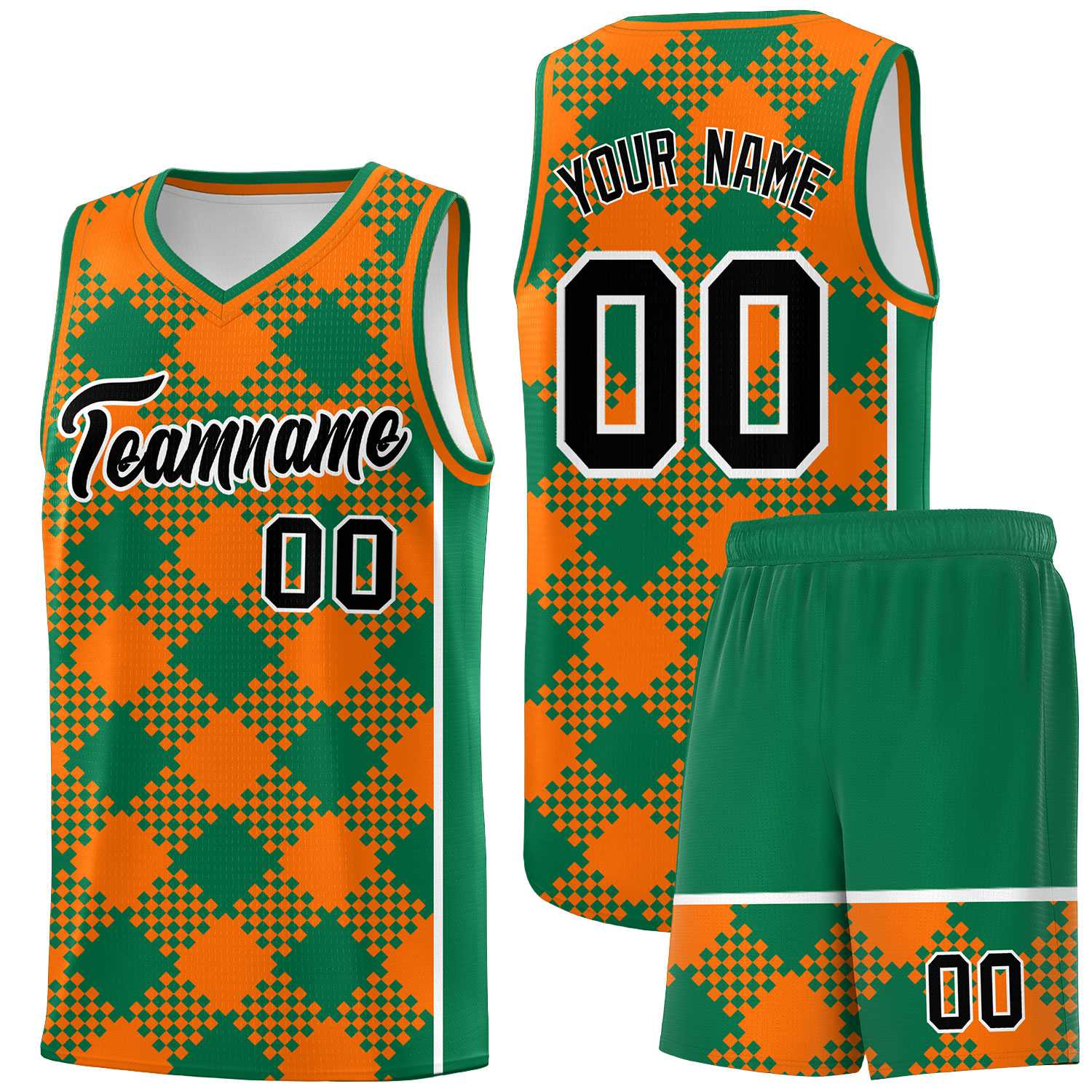 Personalized Orange Kelly Green-White Grid Basketball Kits