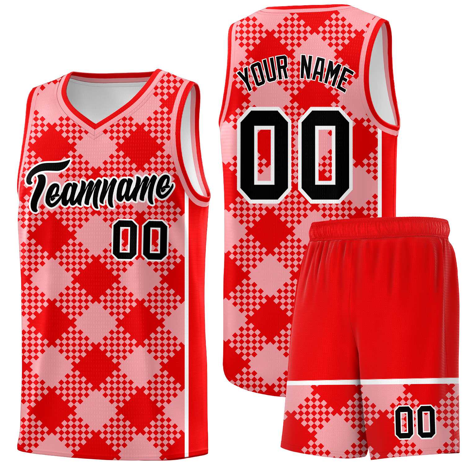 Personalized Light Pink Light Red-White Grid Basketball Kits
