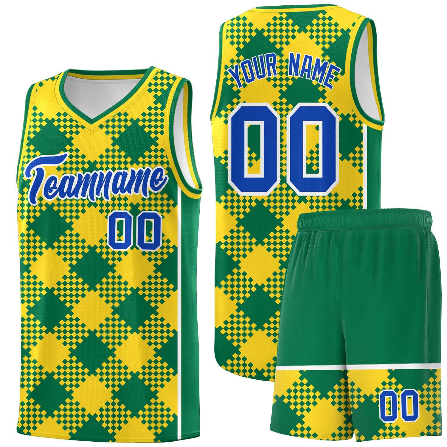 Personalized Gold Kelly Green-White Grid Basketball Kits