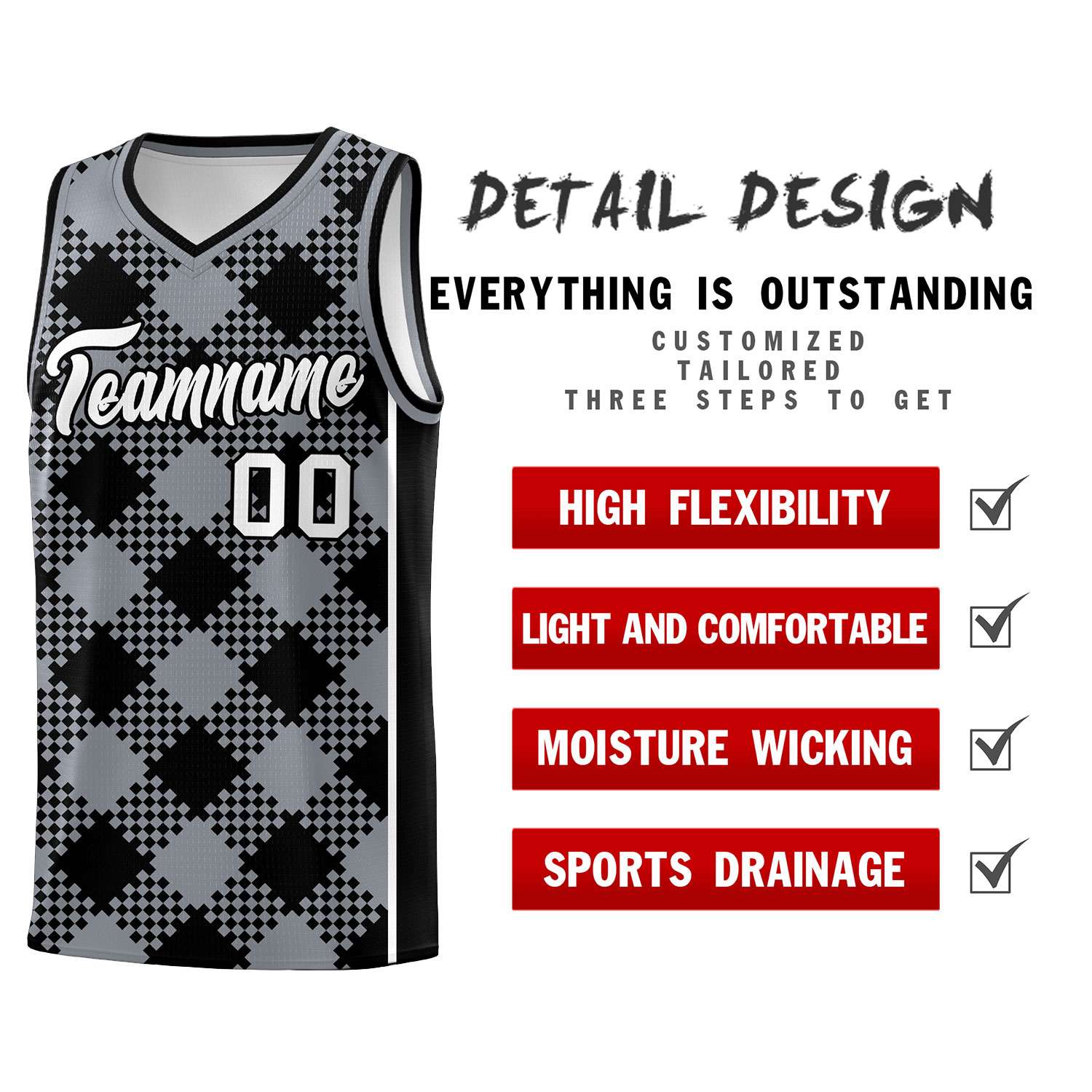 Personalized Gray Black-White Grid Basketball Kits
