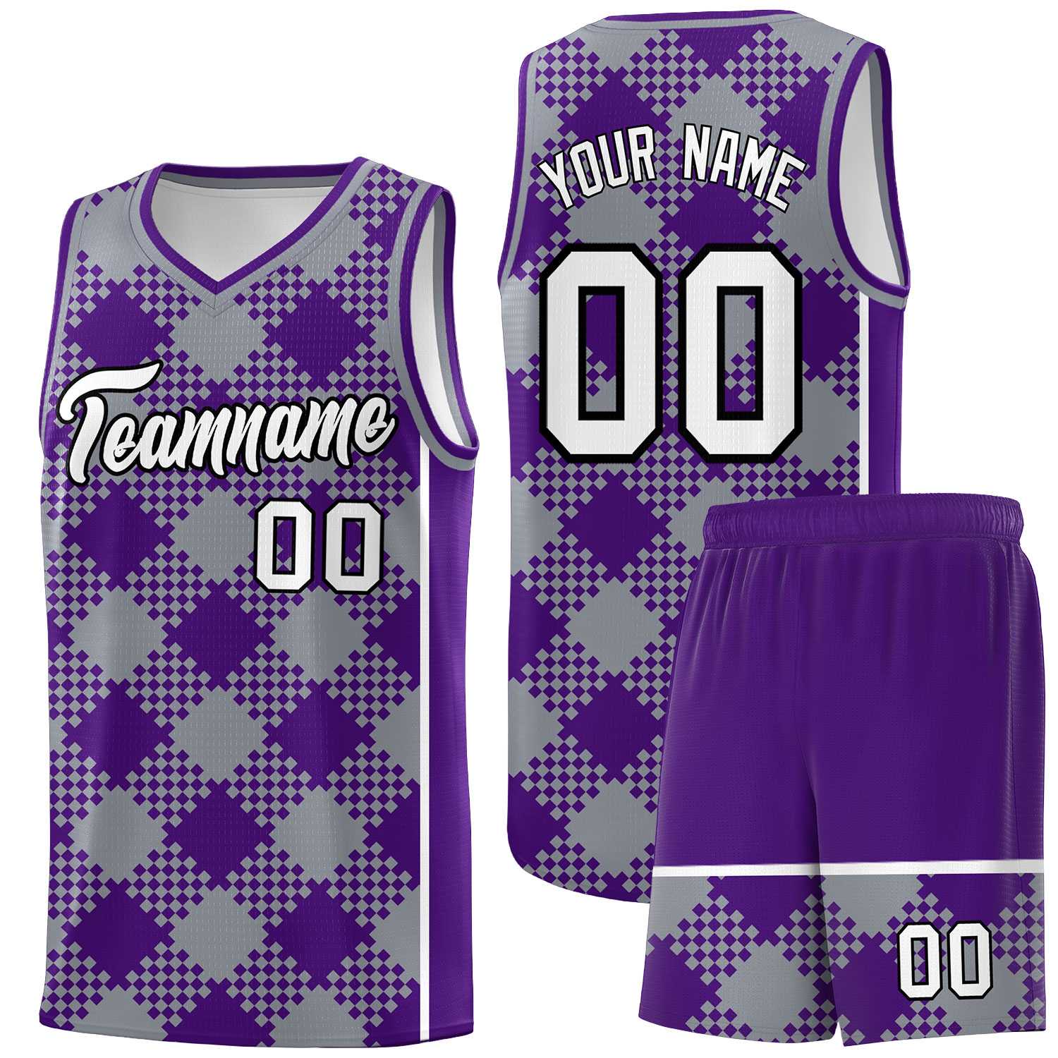 Personalized Gray Purple-White Grid Basketball Kits