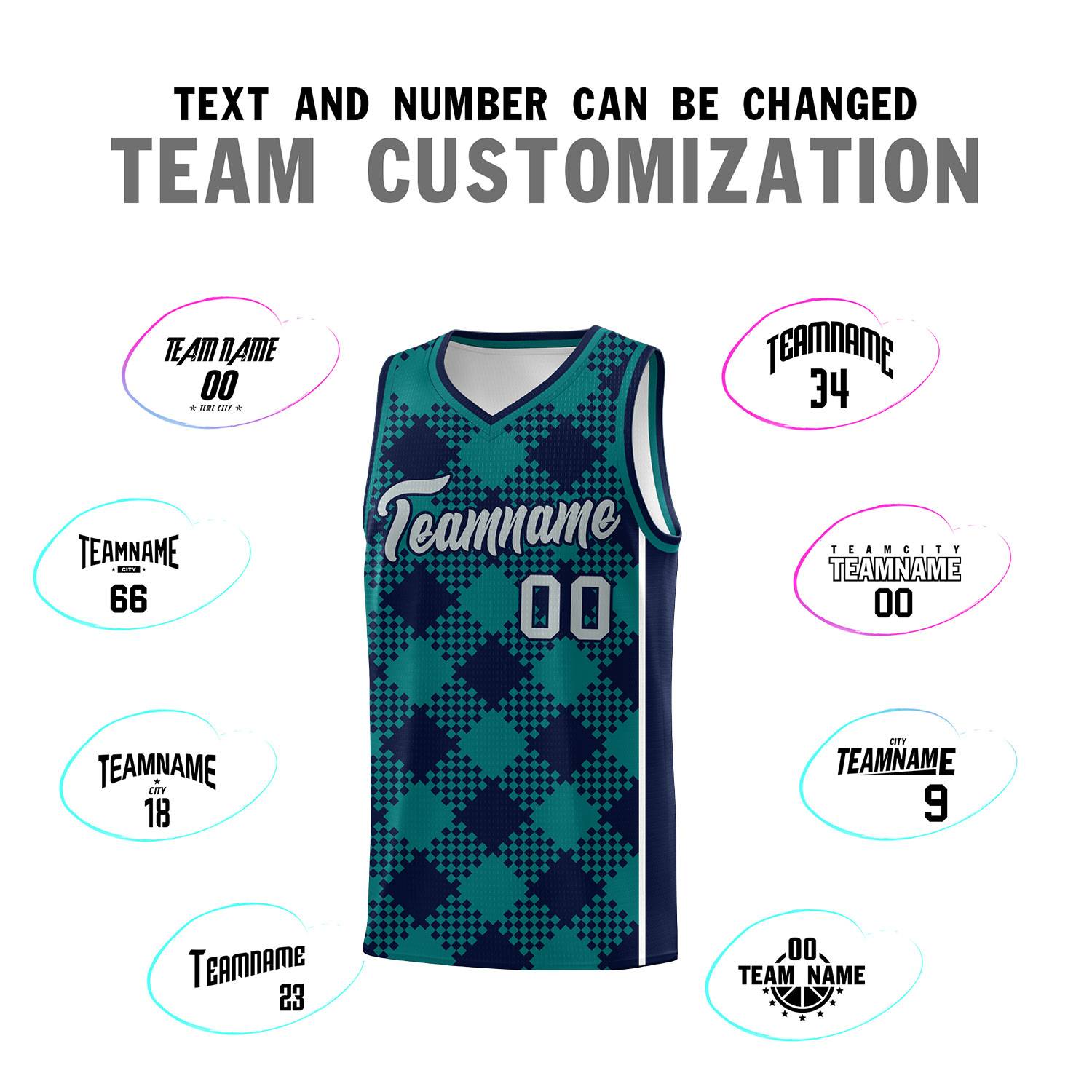 Personalized Teal Navy-White Grid Basketball Kits