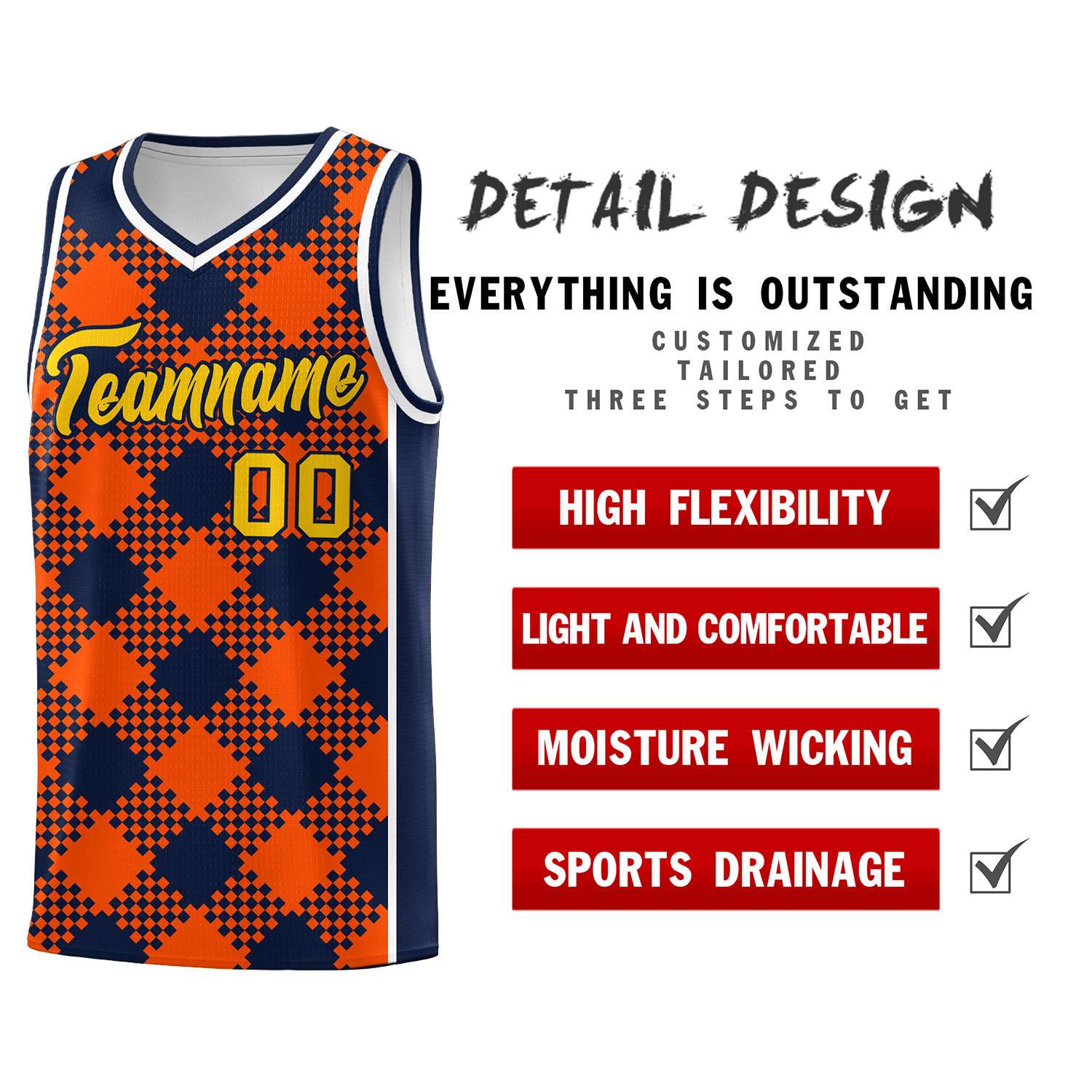 Personalized Orange Navy-White Grid Basketball Kits