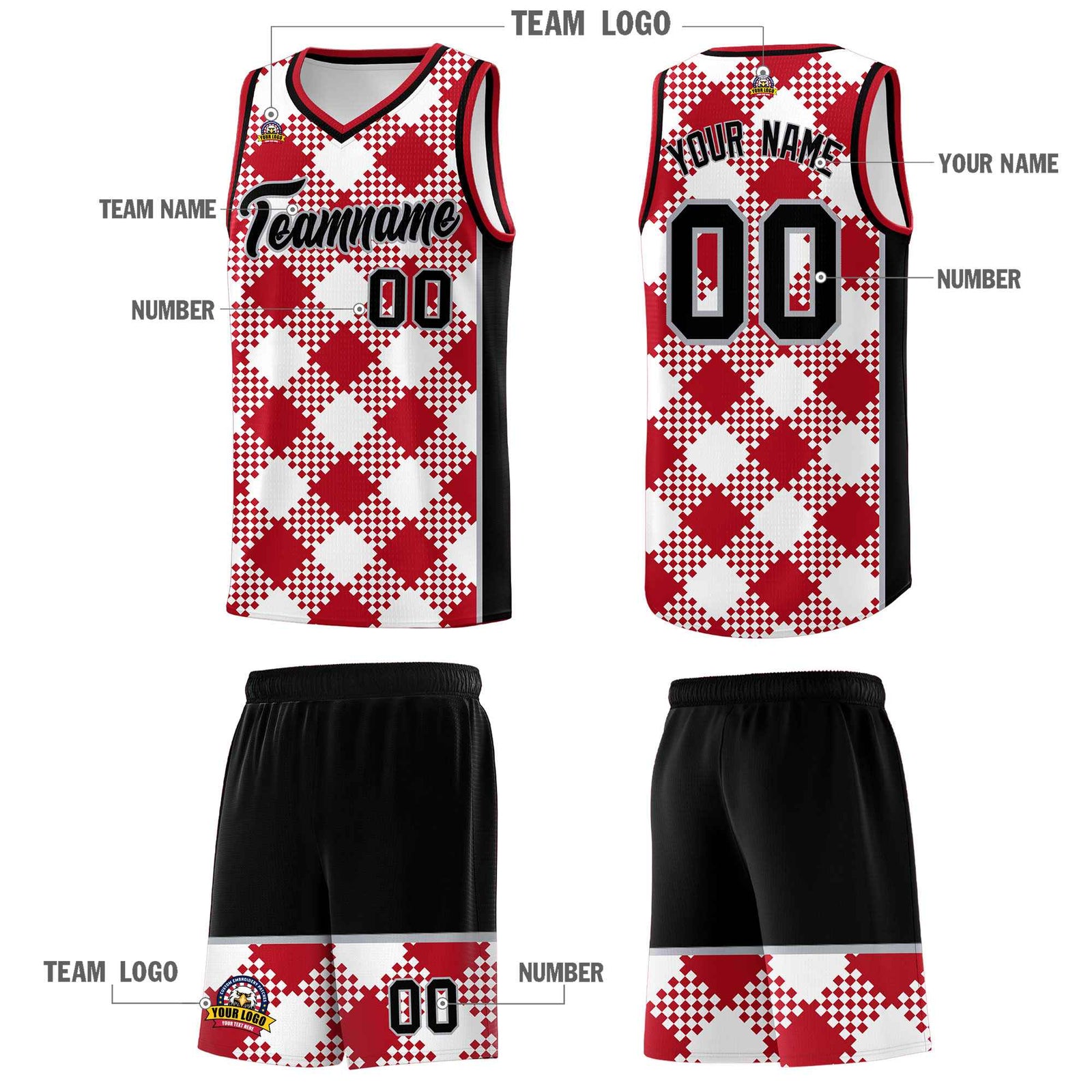 Personalized White Red-Gray Grid Basketball Kits