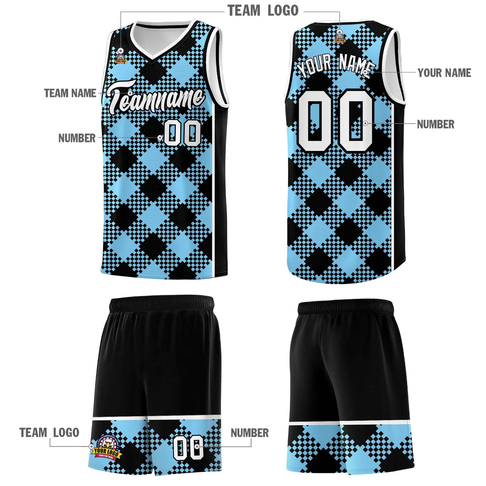 Personalized Light Blue White-Black Grid Basketball Kits