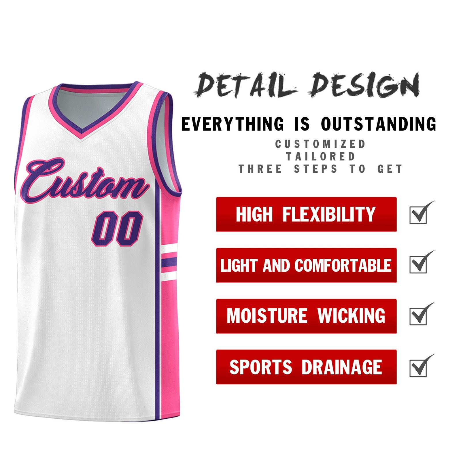 Custom Youth Basketball Jersey - White Pink Personalized Varsity Two-Tone Uniform