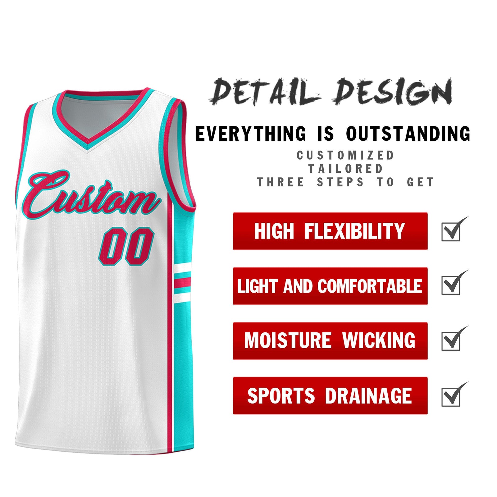Custom Youth Basketball Jersey - White Aqua Personalized Varsity Two-Tone Uniform