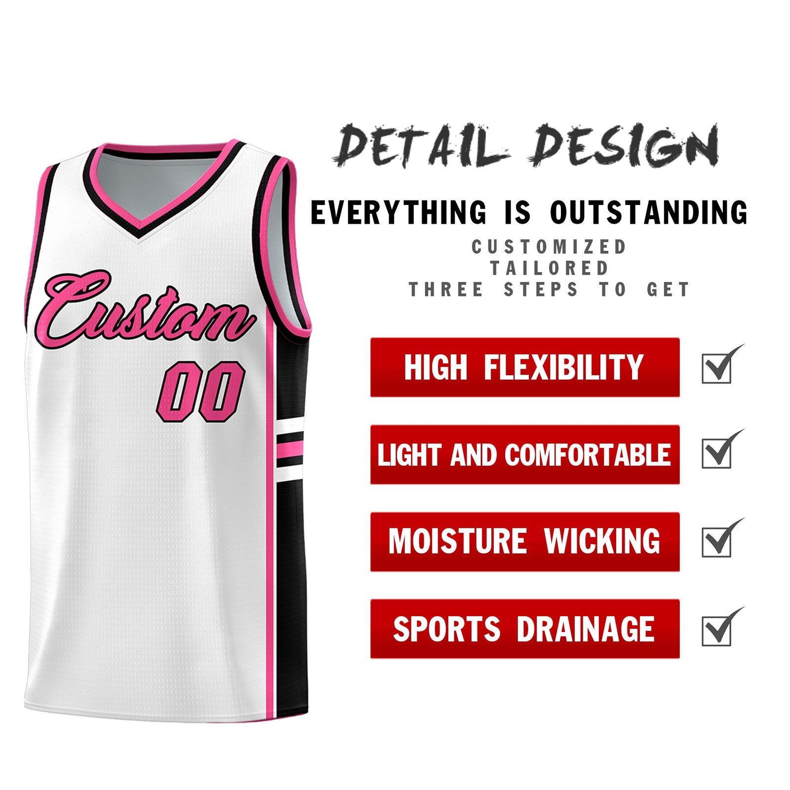 Custom Youth Basketball Jersey - White Pink Personalized Varsity Two-Tone Uniform