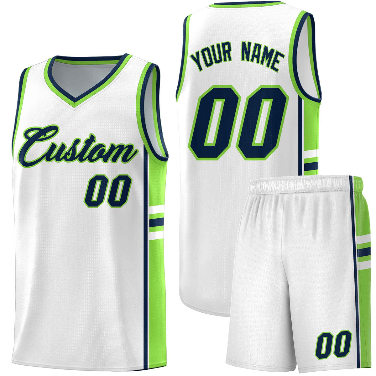 Custom Youth Basketball Jersey - White Fluorescent Green Two-Tone Varsity Jersey Set