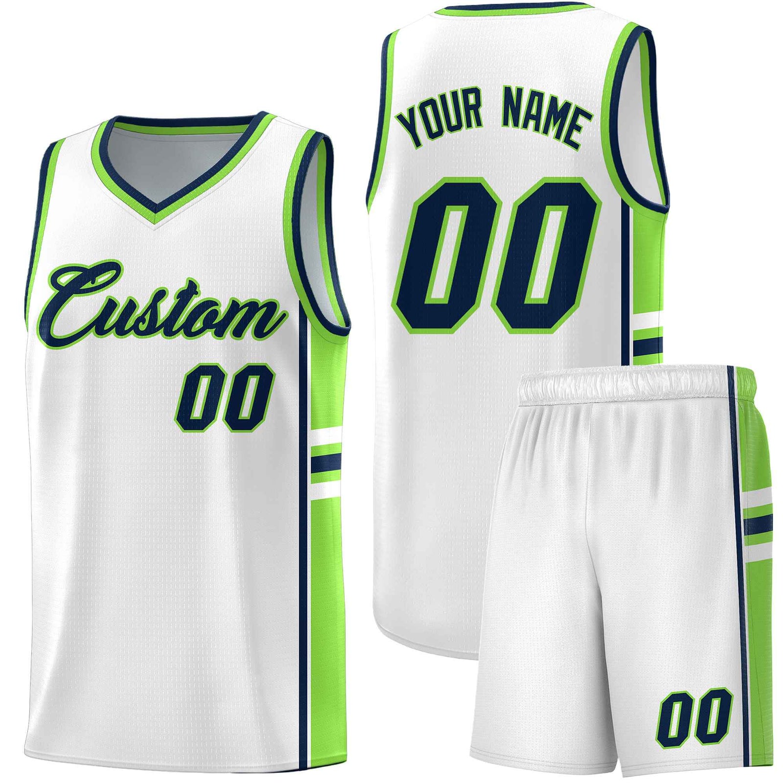 Custom Youth Basketball Jersey - White Fluorescent Green Two-Tone Varsity Jersey Set