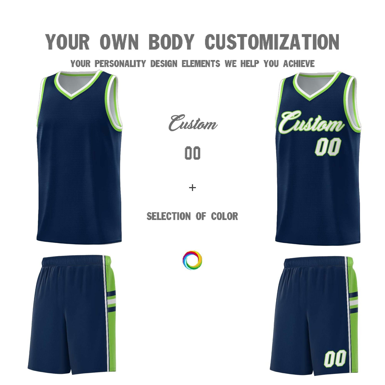 Custom Youth Basketball Jersey - Navy Fluorescent Green Two-Tone Varsity Jersey Set