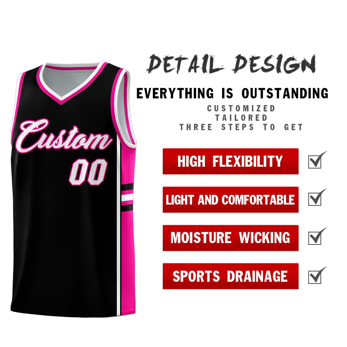 Custom Youth Basketball Jersey - Black Pink Two-Tone Classic Varsity Uniform