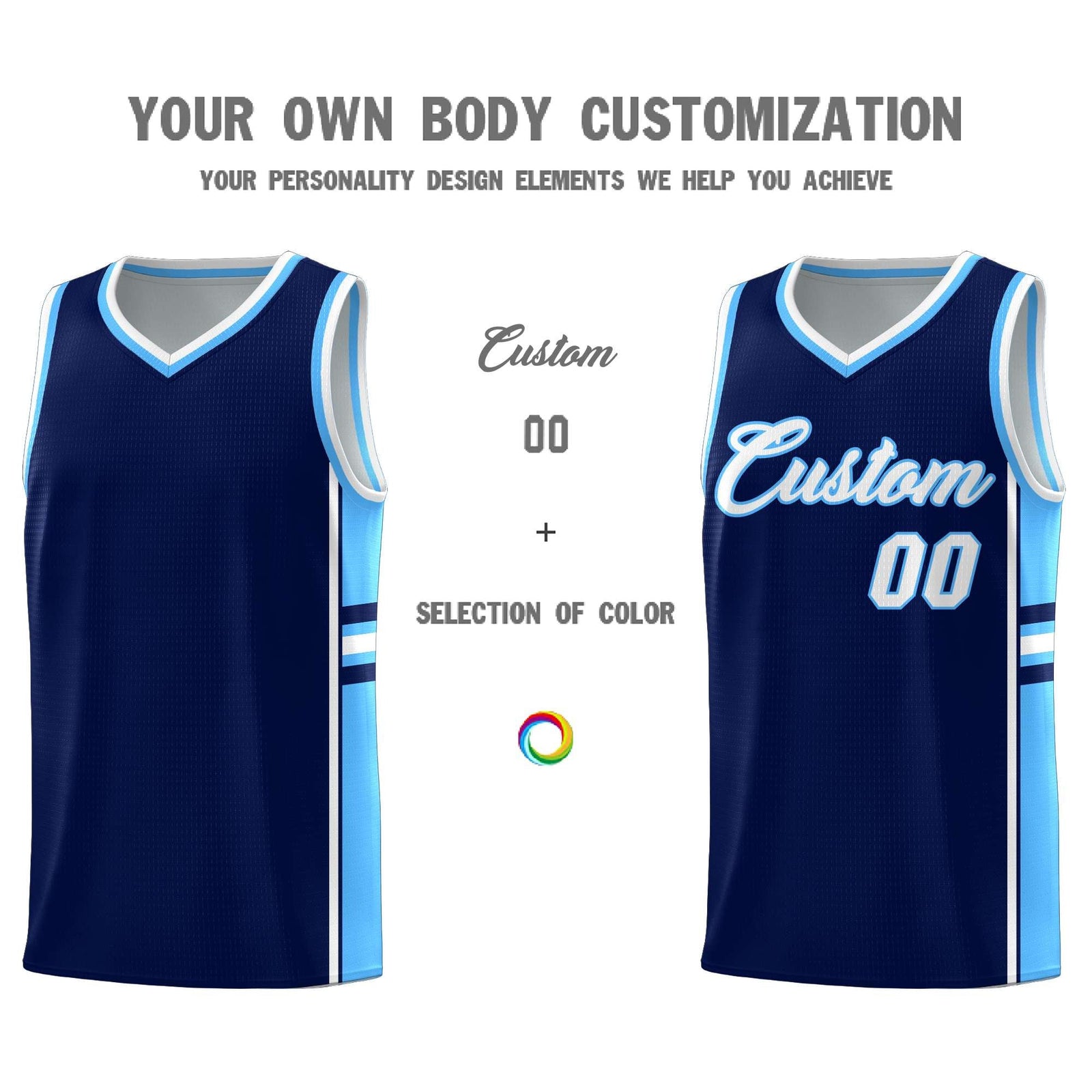Custom Youth Basketball Jersey - Navy Powder Blue Two-Tone Classic Varsity Uniform