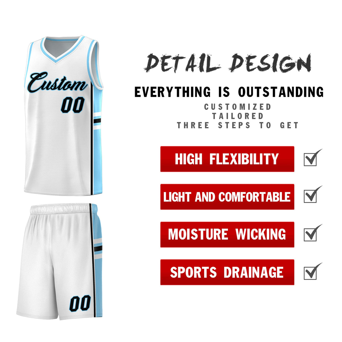 Custom Youth Basketball Jersey - White Light Blue Two-Tone Varsity Jersey Set