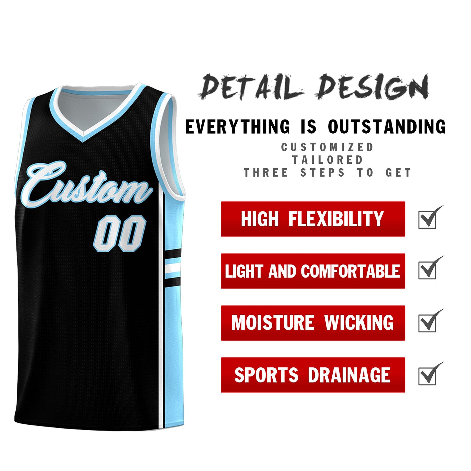Custom Youth Basketball Jersey - Black Light Blue Two-Tone Classic Varsity Uniform