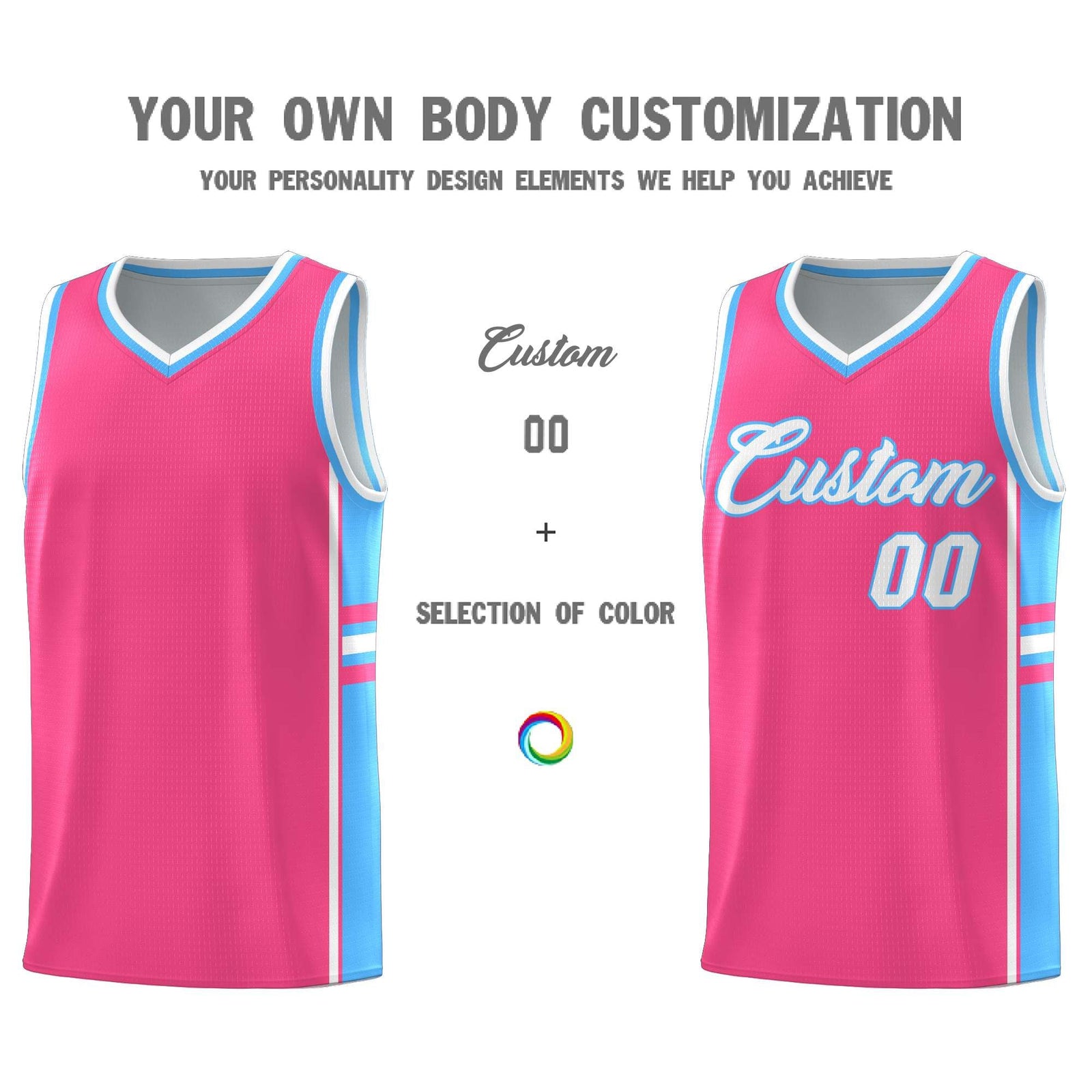 Custom Youth Basketball Jersey - Pink Powder Blue Two-Tone Classic Varsity Uniform