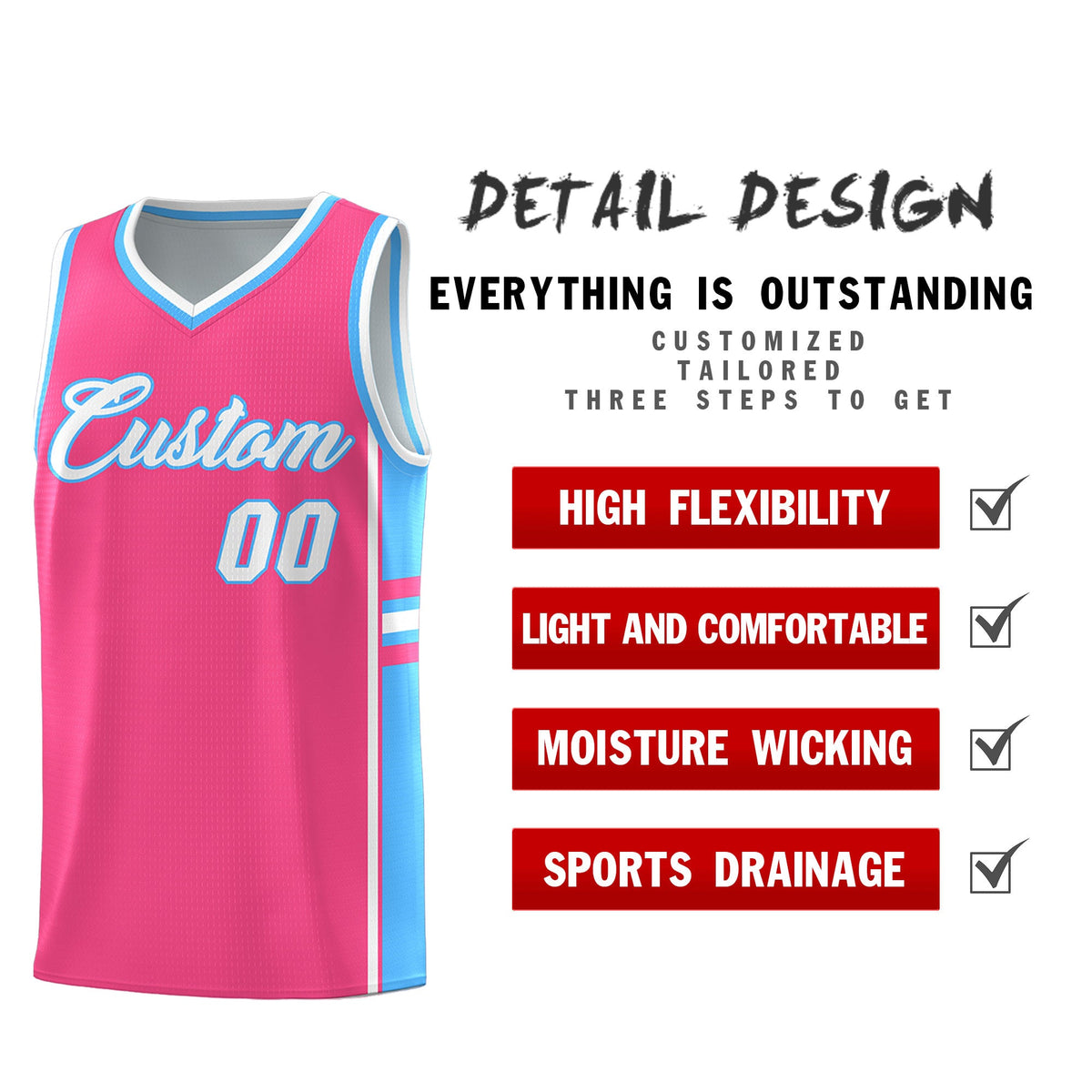 Custom Youth Basketball Jersey - Pink Powder Blue Two-Tone Classic Varsity Uniform