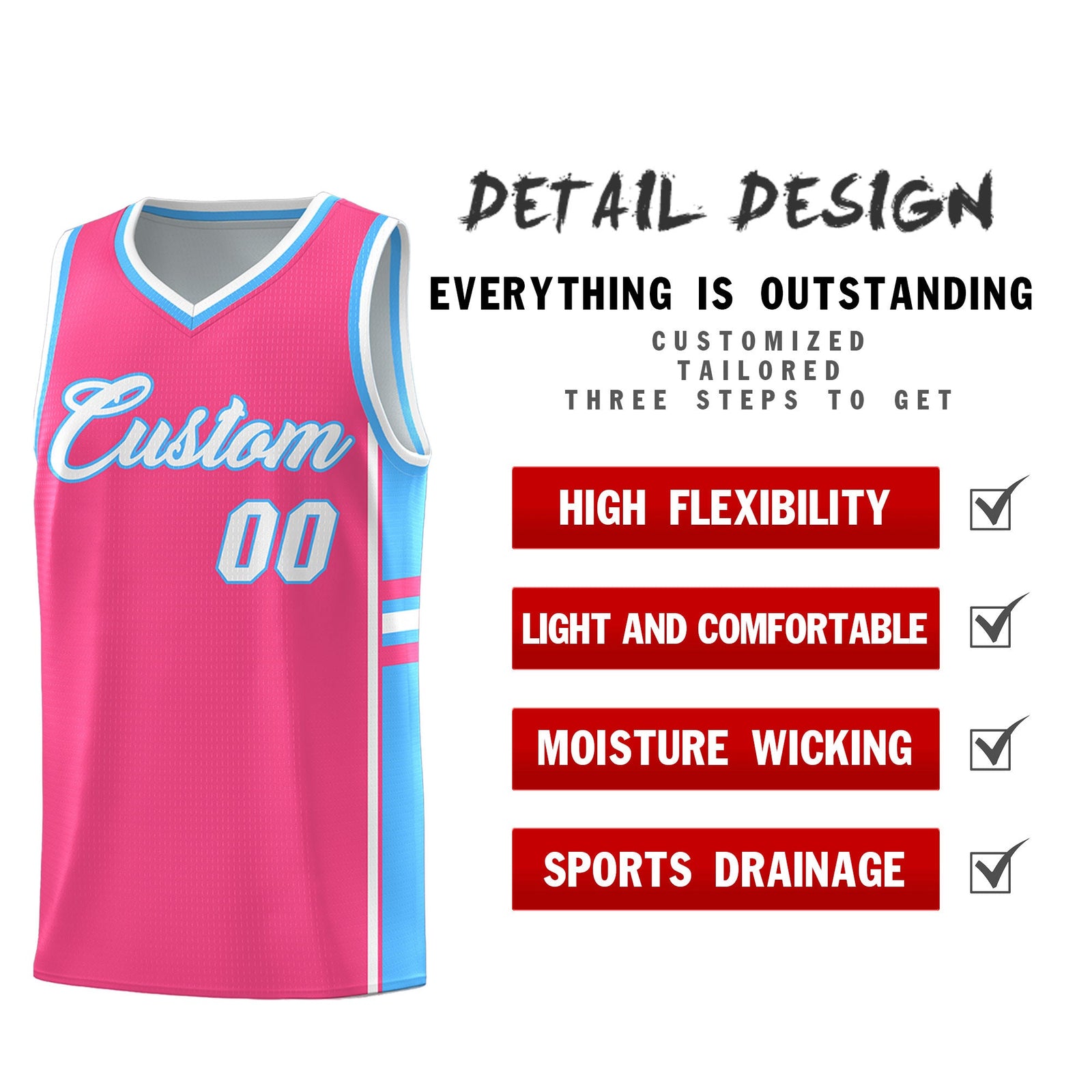 Custom Youth Basketball Jersey - Pink Powder Blue Two-Tone Classic Varsity Uniform
