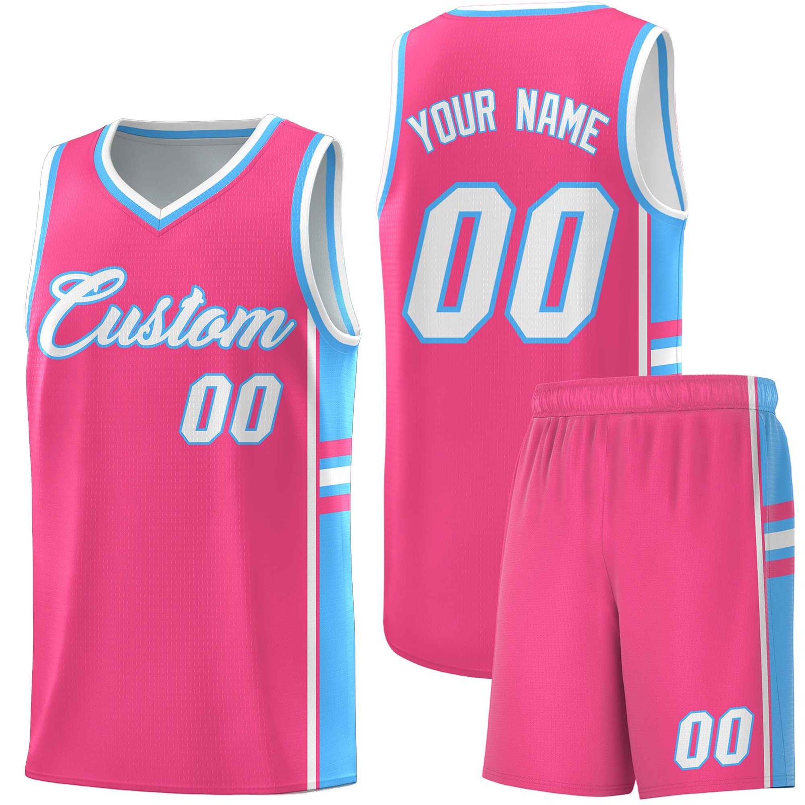 Custom Youth Basketball Jersey - Pink Powder Blue Two-Tone Classic Varsity Uniform