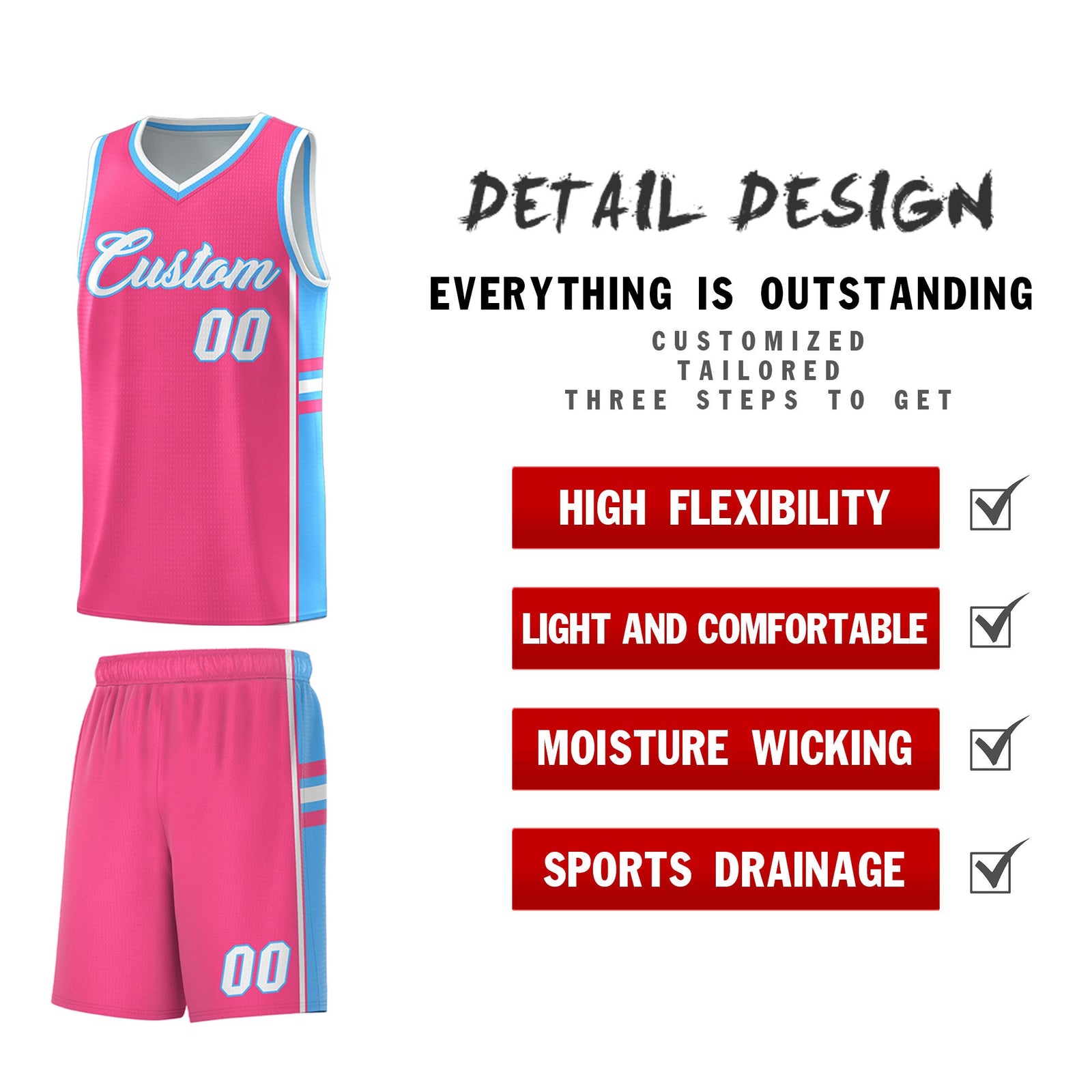 Custom Youth Basketball Jersey - Pink Powder Blue Two-Tone Classic Varsity Uniform