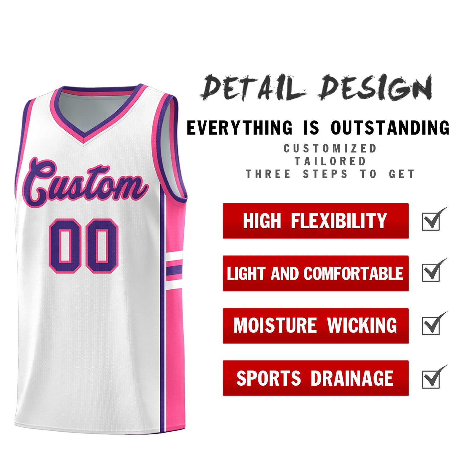 Custom Youth Basketball Jersey - White Pink Personalized Varsity Two-Tone Uniform