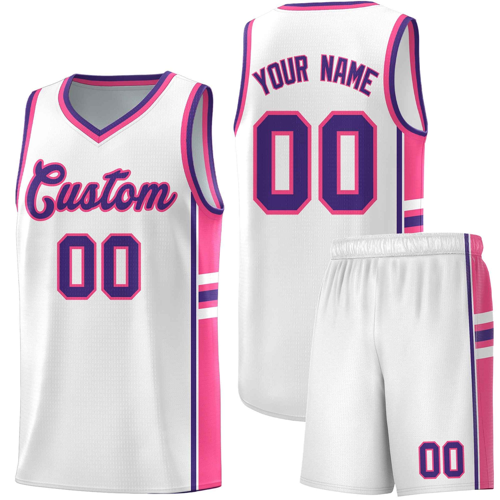Custom Youth Basketball Jersey - White Pink Personalized Varsity Two-Tone Uniform