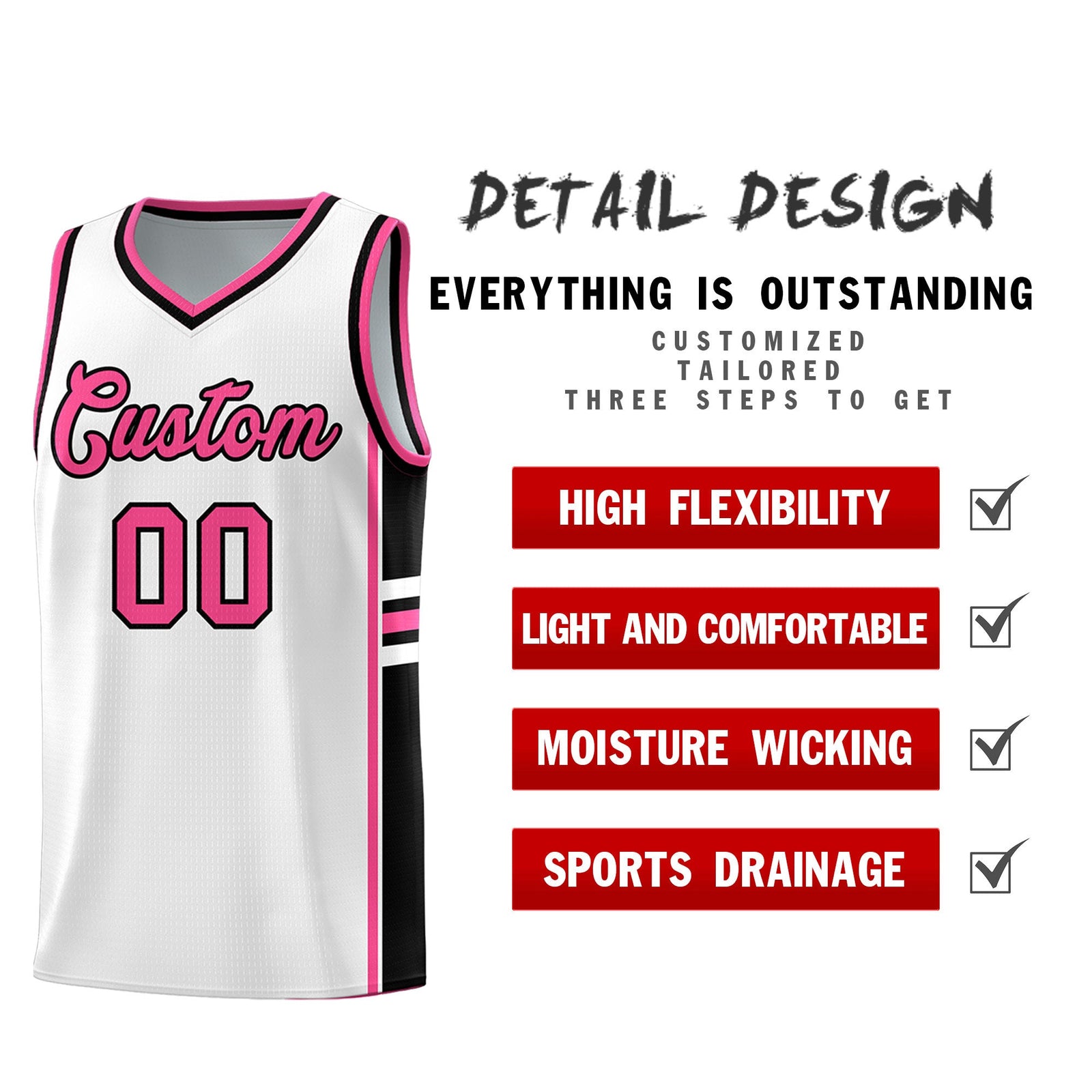 Custom Youth Basketball Jersey - White Pink Personalized Varsity Two-Tone Uniform