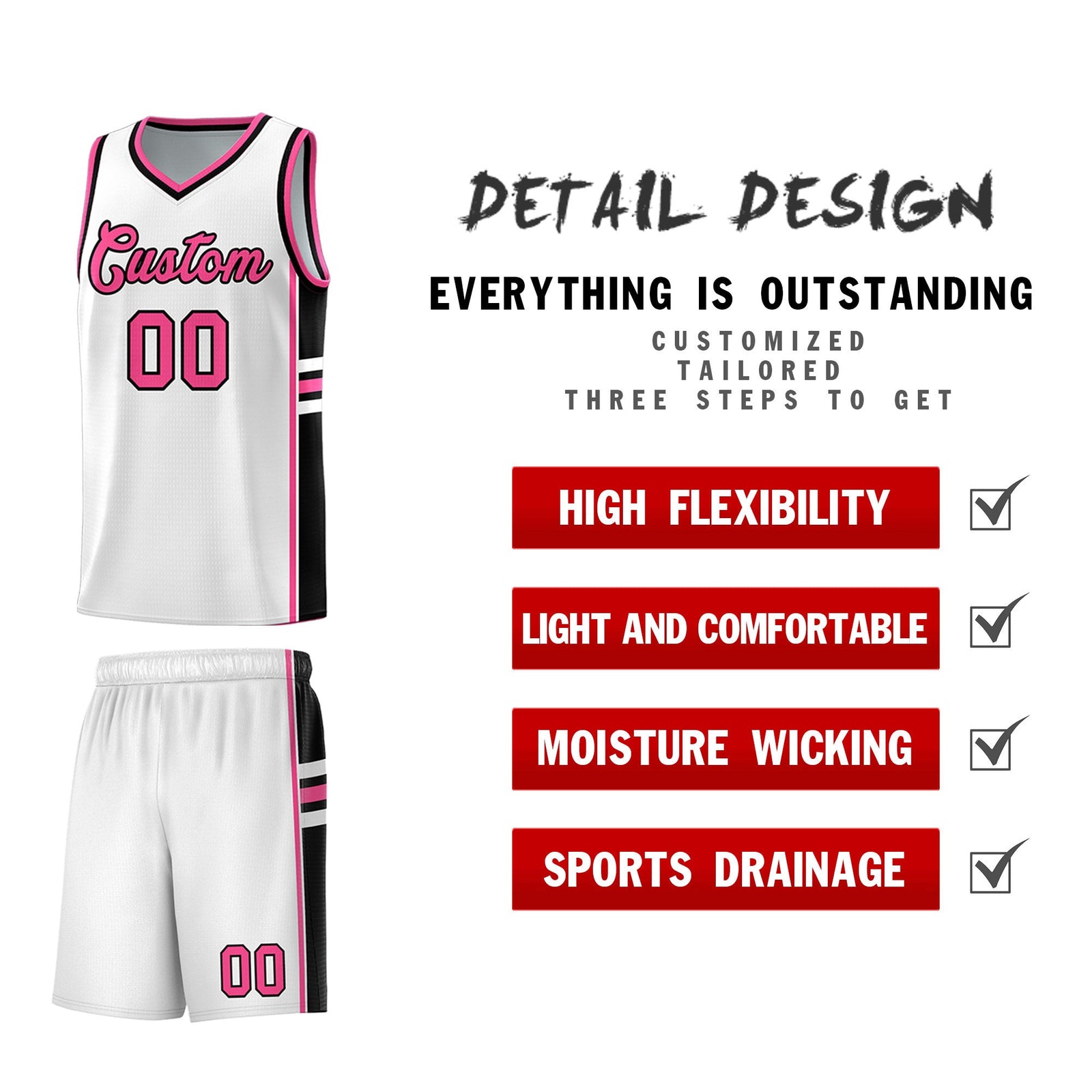 Custom Youth Basketball Jersey - White Pink Personalized Varsity Two-Tone Uniform