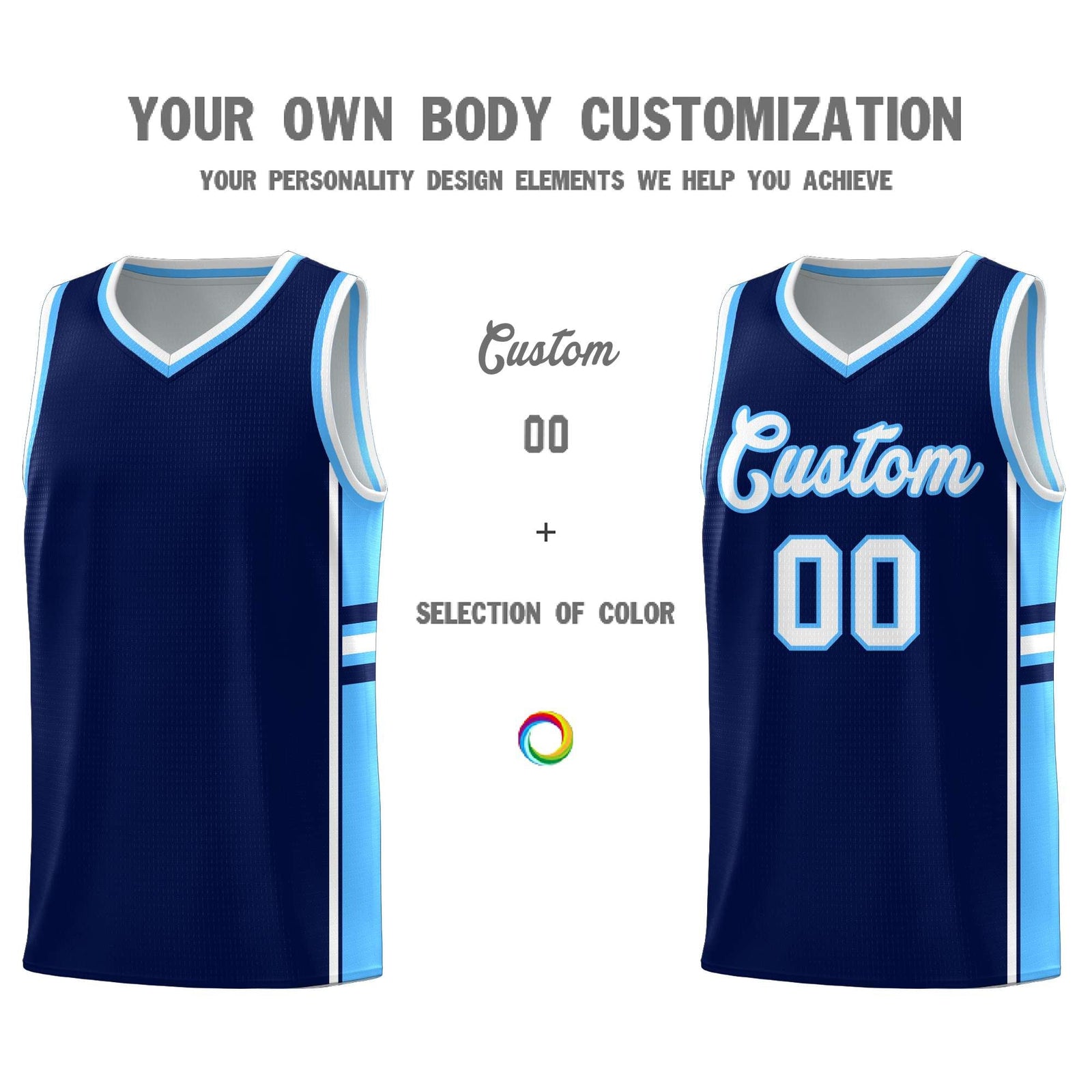 Custom Youth Basketball Jersey - Navy Powder Blue Two-Tone Classic Varsity Uniform