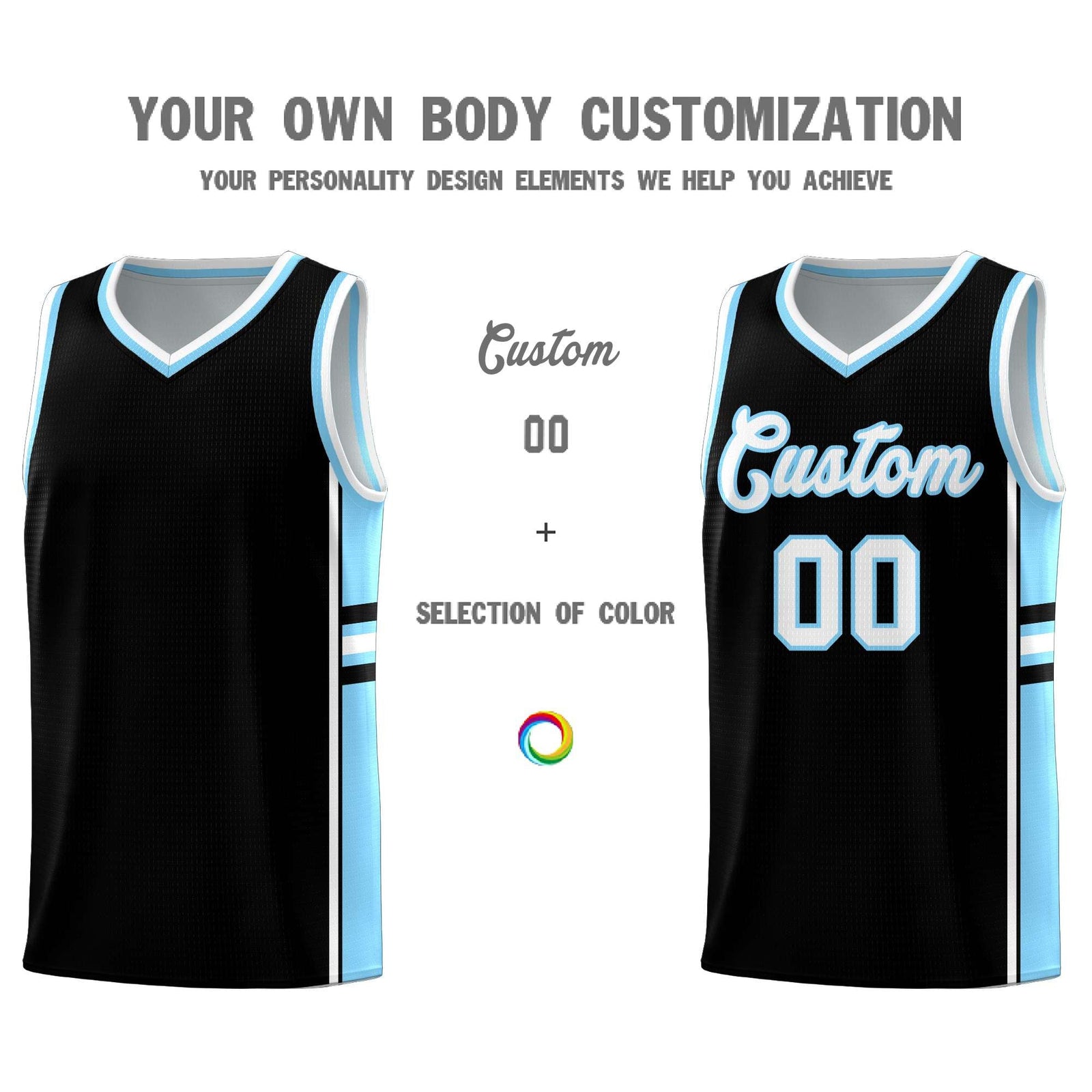Custom Youth Basketball Jersey - Black Light Blue Two-Tone Classic Varsity Uniform
