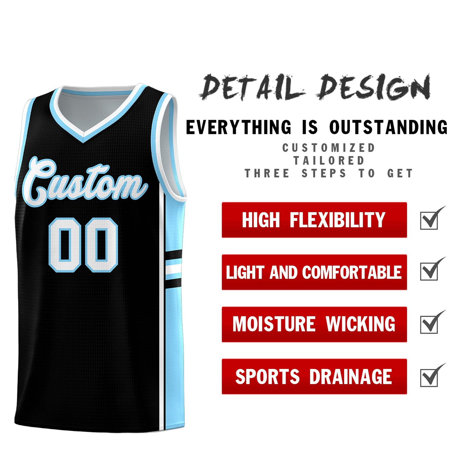 Custom Youth Basketball Jersey - Black Light Blue Two-Tone Classic Varsity Uniform