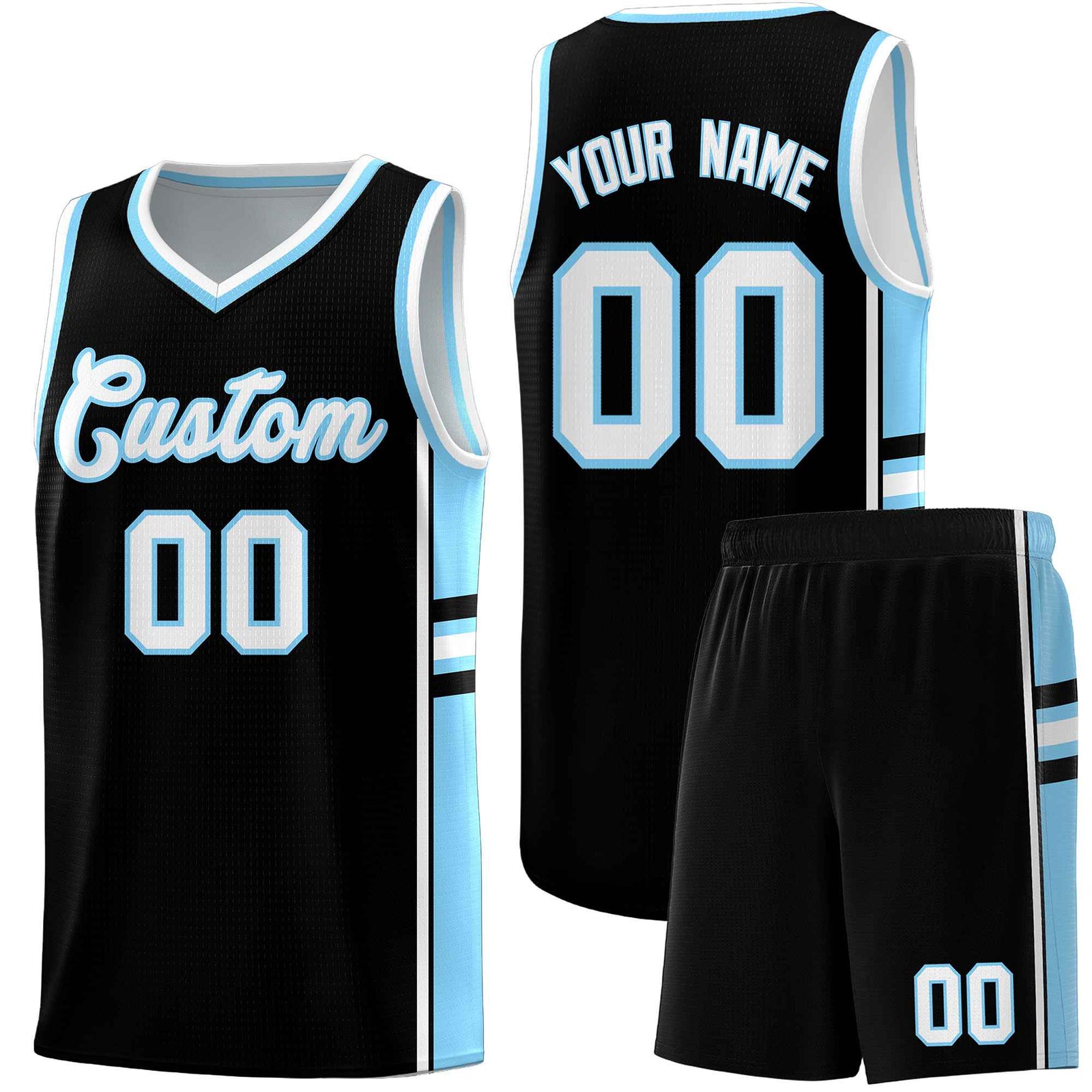 Custom Youth Basketball Jersey - Black Light Blue Two-Tone Classic Varsity Uniform