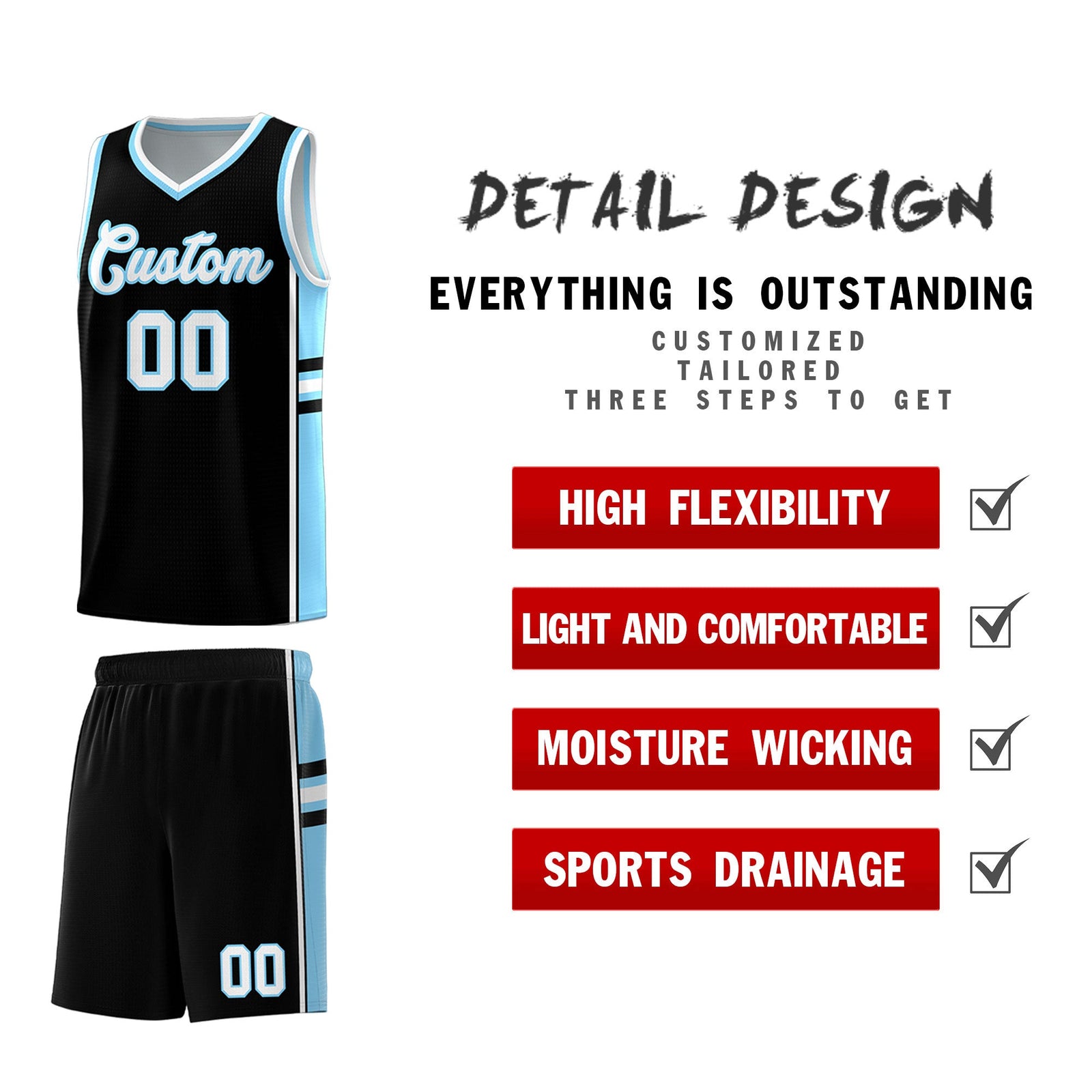 Custom Youth Basketball Jersey - Black Light Blue Two-Tone Classic Varsity Uniform