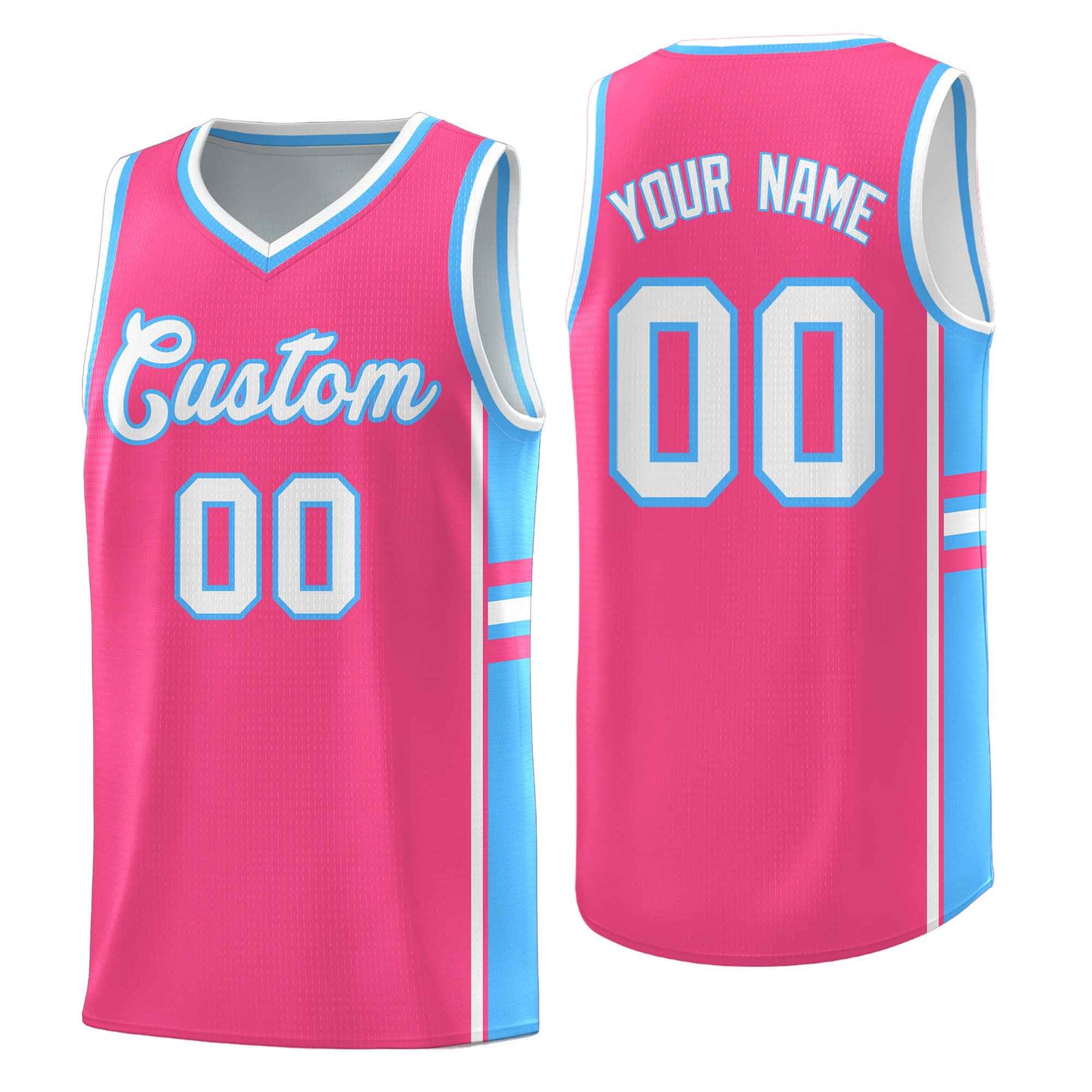Custom Youth Basketball Jersey - Pink Powder Blue Two-Tone Classic Varsity Uniform