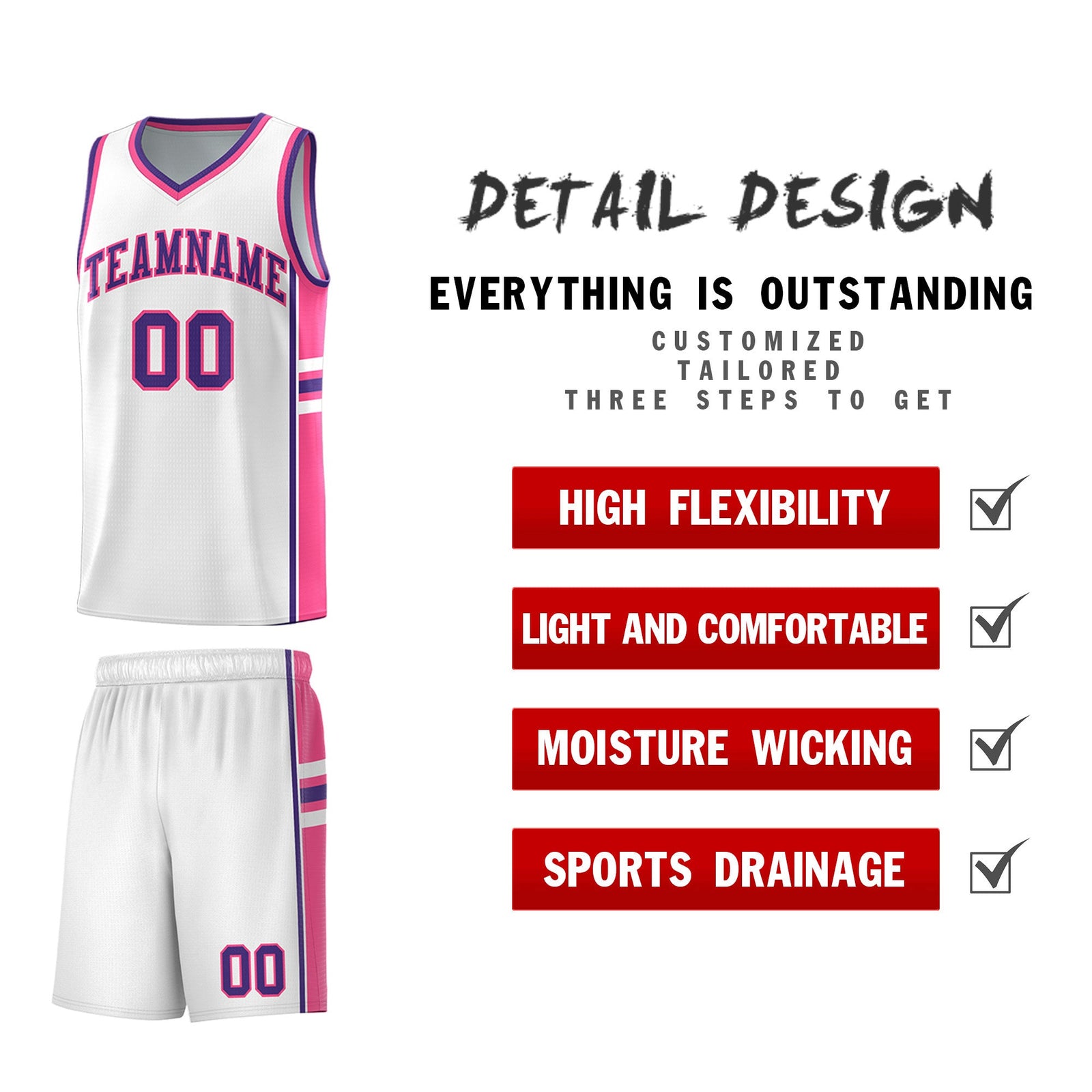Custom Youth Basketball Jersey - White Pink Personalized Varsity Two-Tone Uniform