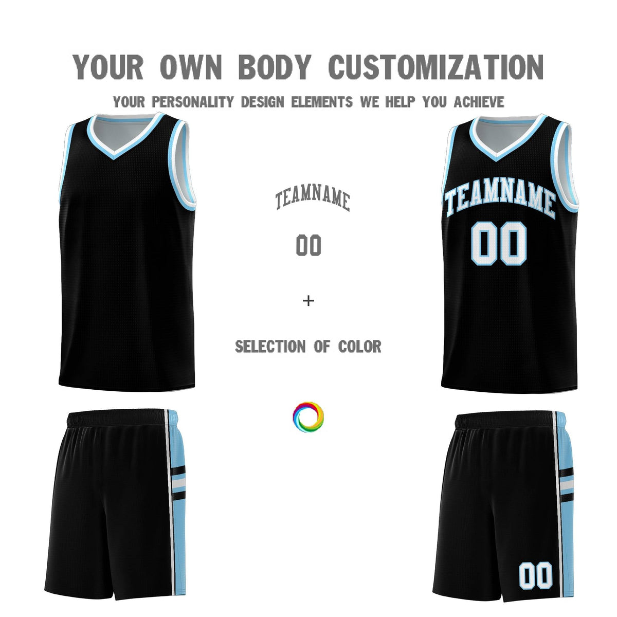 Custom Youth Basketball Jersey - Black Light Blue Two-Tone Classic Varsity Uniform