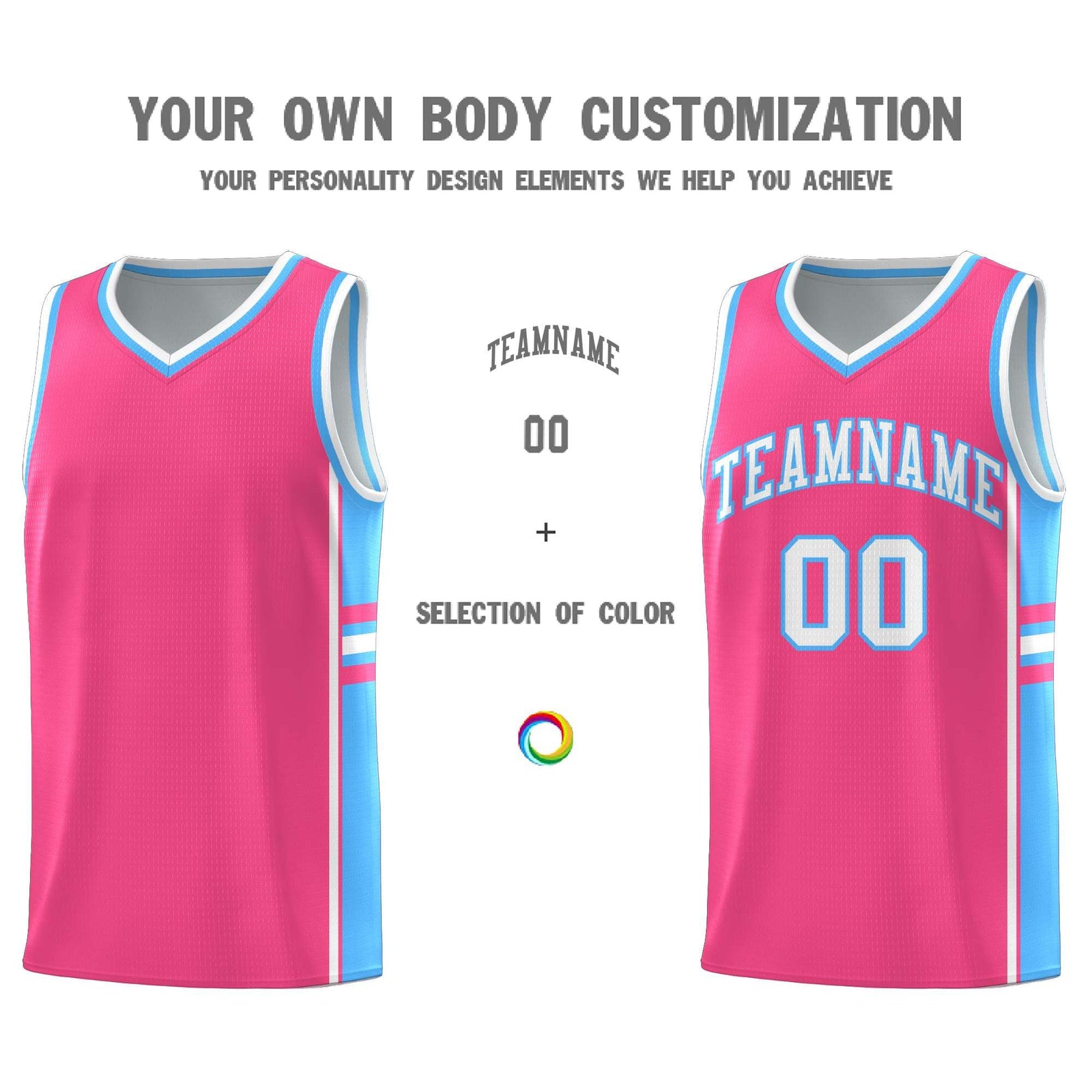 Custom Youth Basketball Jersey - Pink Powder Blue Two-Tone Classic Varsity Uniform