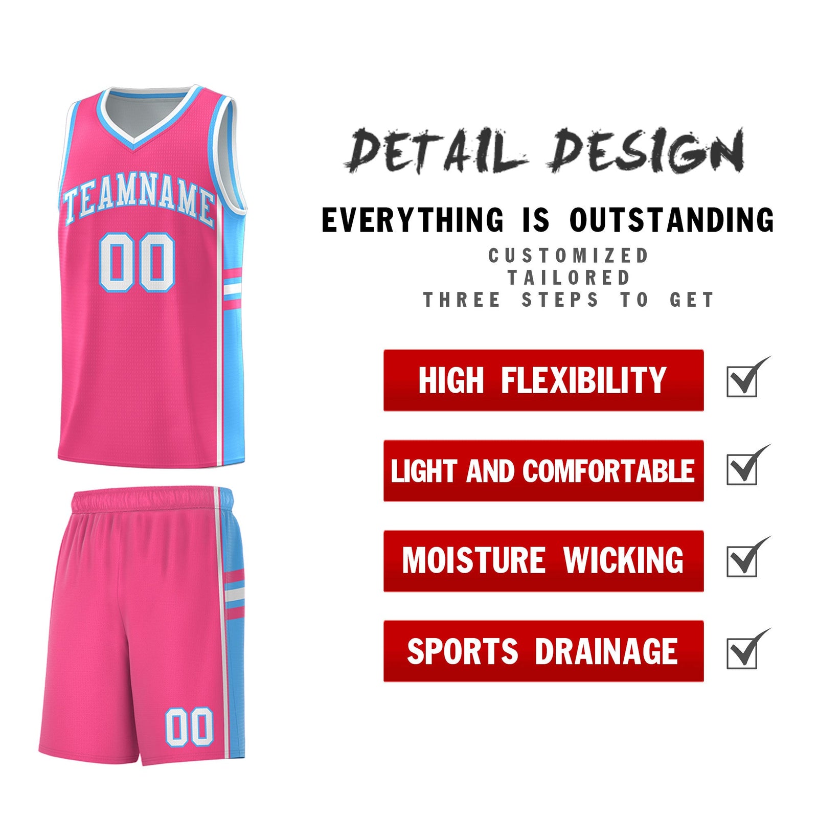 Custom Youth Basketball Jersey - Pink Powder Blue Two-Tone Classic Varsity Uniform